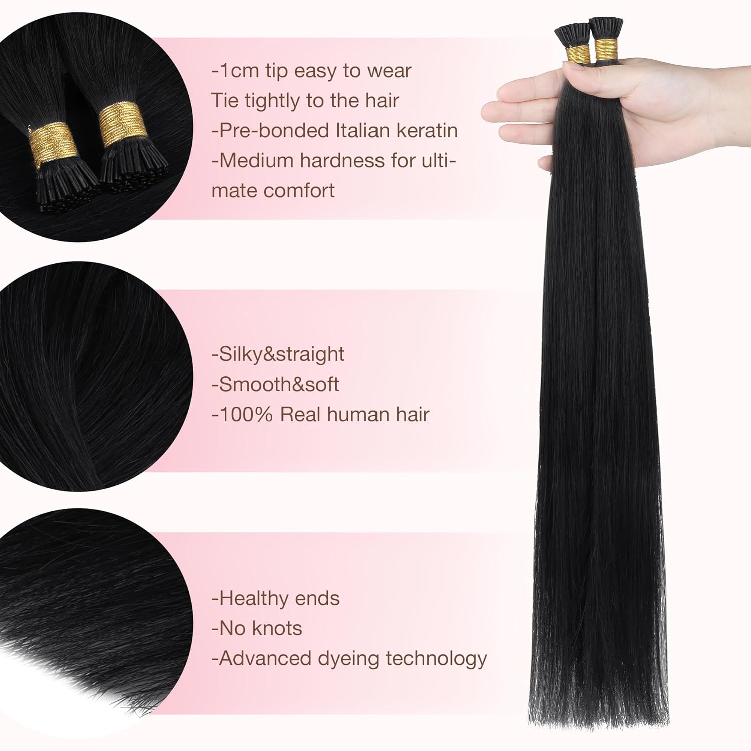 GOO GOO I Tip Hair Extensions Real Human Hair, 22inch 50g 50S, Cold Fusion I Tip Hair Extensions, Invisible Remy Hair Extensions, 1 Jet black