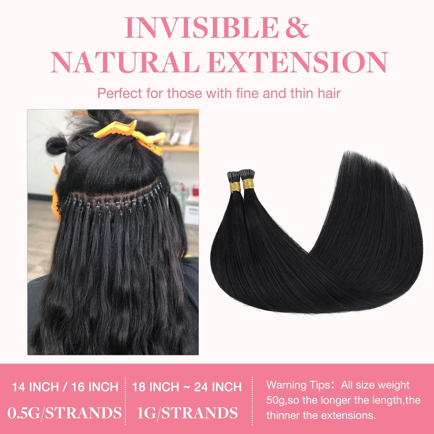 Alternative view of GOO GOO I Tip Hair Extensions Real Human Hair, 22inch 50g 50S, Cold Fusion I Tip Hair Extensions, Invisible Remy Hair Extensions, 1 Jet black