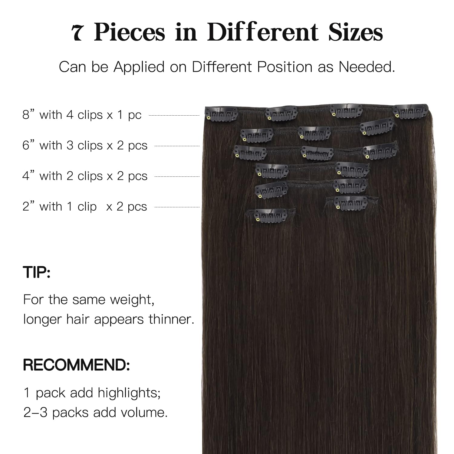 Alternative view of HOTBANANA Human Hair Clip in Hair Extensions, Dark Brown 120g Clip in Hair Extensions Real Human Hair Straight Remy Hair Clip in Hair Extensions 18 Inch 7pcs
