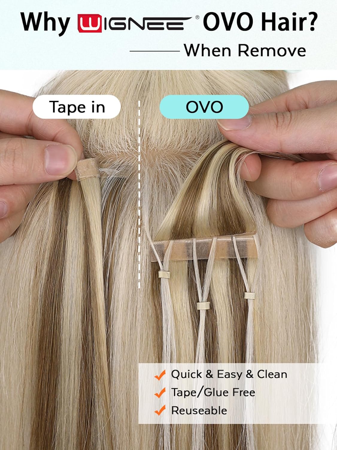 Alternative view of WIGNEE Butterfly OVO Weft Hair Extensions Human Hair, Glue-Free Double Invisible Weft with Micro Beads, Blonde Ombre 18 Inch 100g, Natural Volume & Length