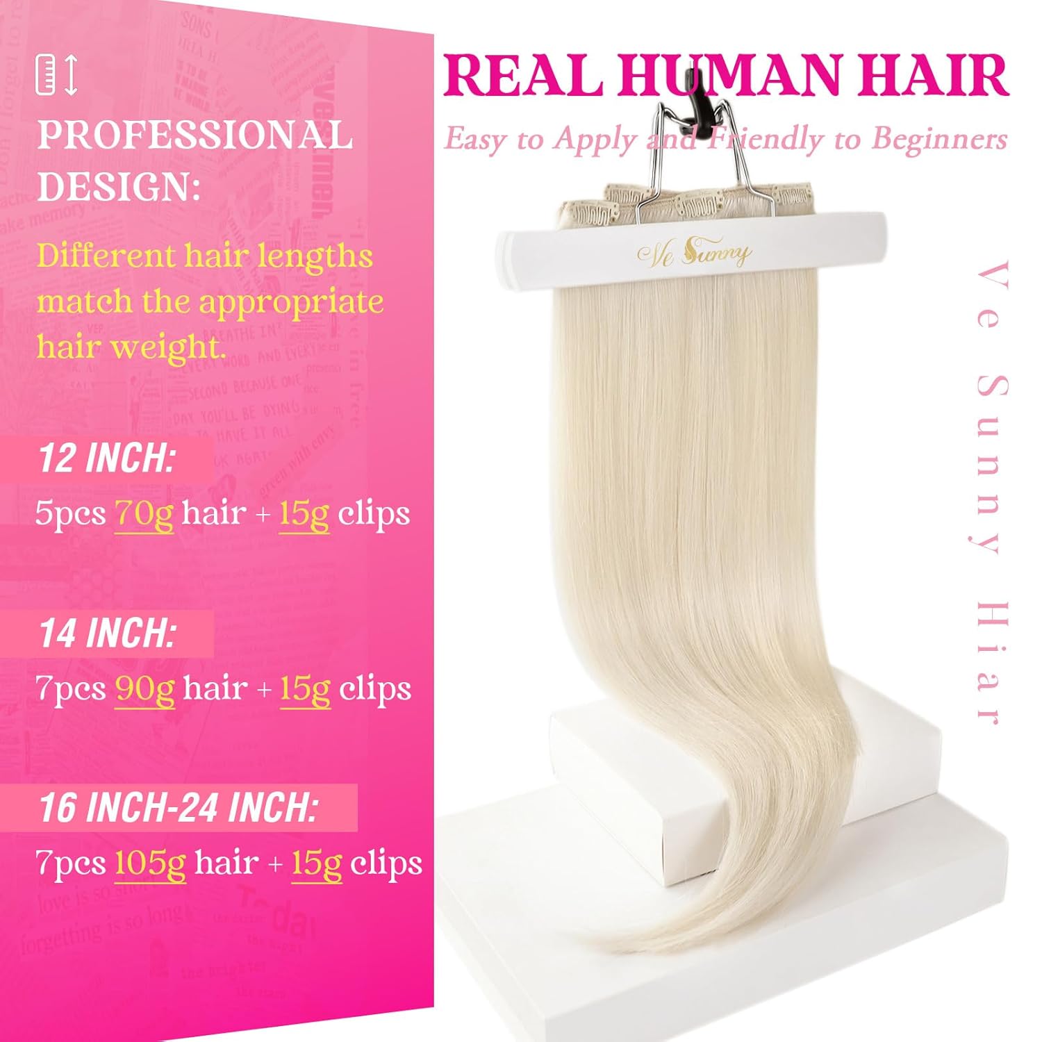 Ve Sunny 24 Inch Hair Extensions Clip in Platinum Blonde Long Real Hair Clip in Hair Extensions Remy Human Hair Double Weft 120g 7pcs