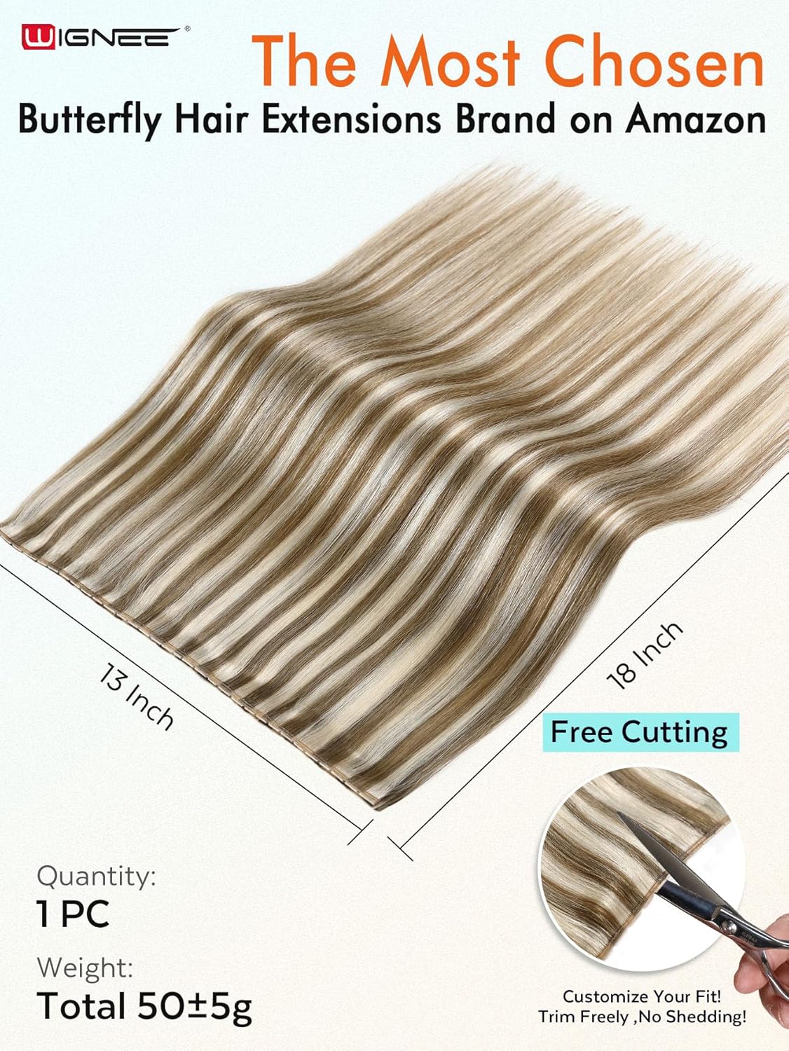 WIGNEE OVO 18 Inch Butterfly Invisible Weft Hair Extensions Human Hair, 1PC 50g Double Layer 13 Inch Wide Seamless Cuttable Blended Blonde with Micro Beads, Glueless Install for Thin Hair Volume