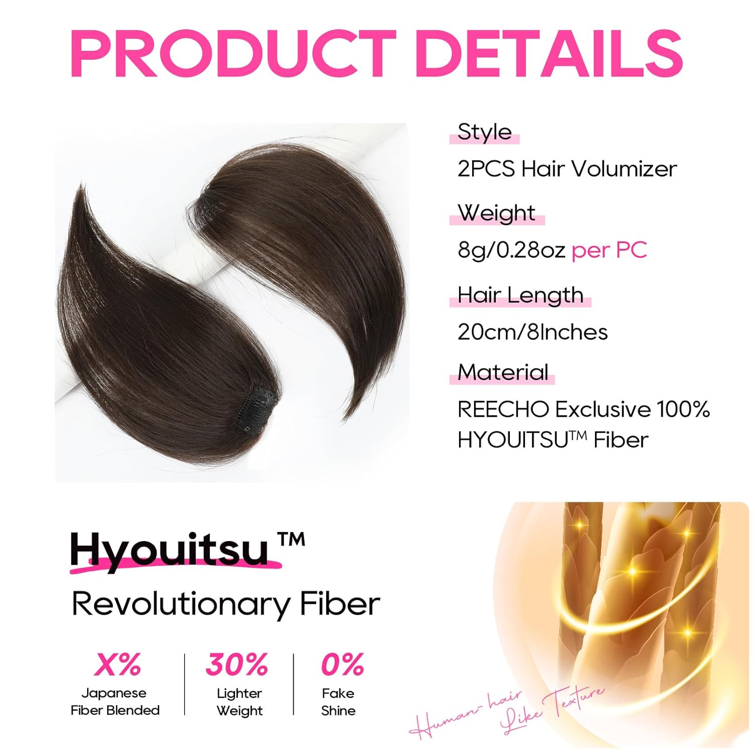 REECHO Clip in Hair Volumizer, Short Thick Clip in Hairpieces Adding Extra Hair Volume Extensions for Women with Thin Fine (Chocolate Brown, 8 Inch(Pack of 2))