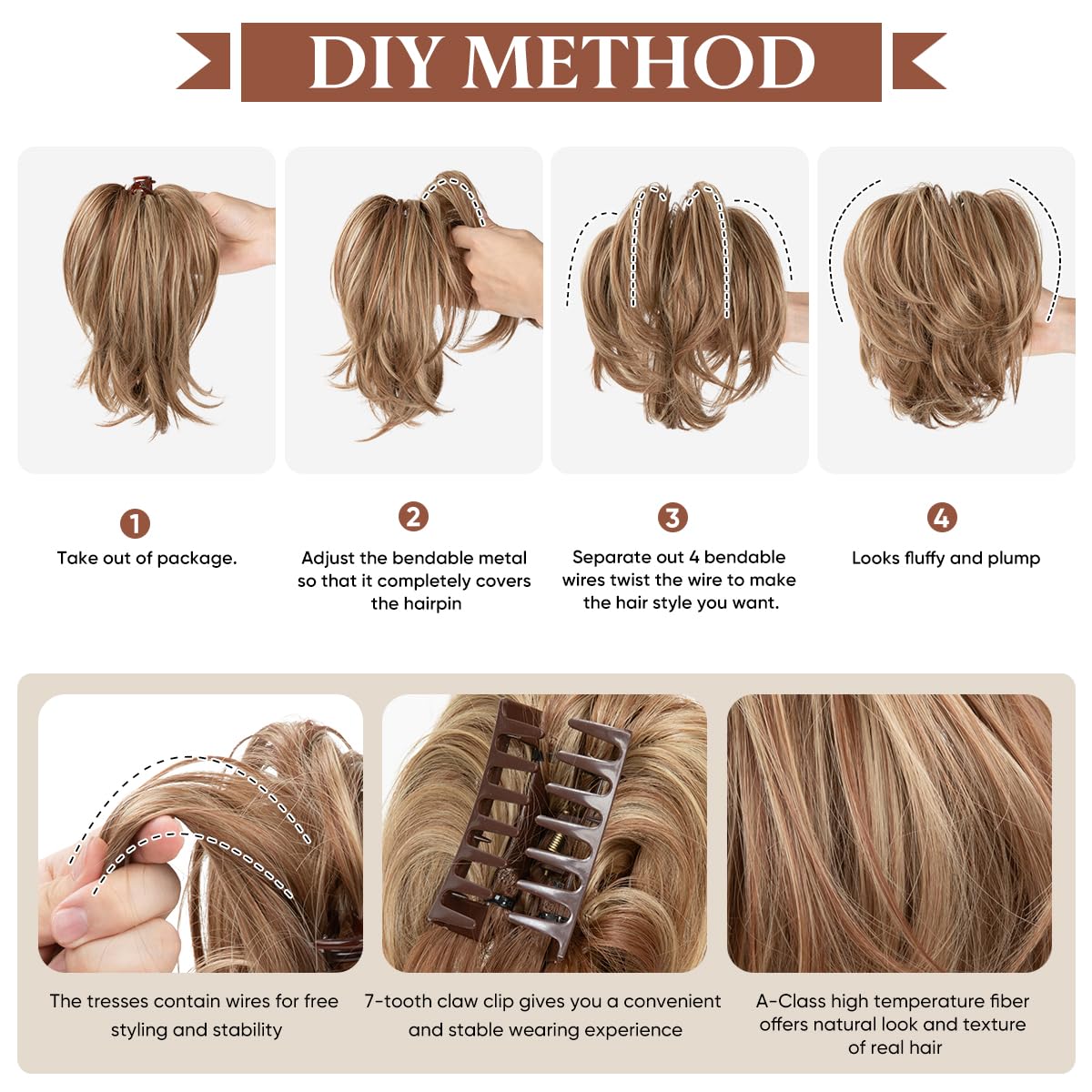 Alternative view of CJL HAIR Claw Clip Short Ponytail Hair Extensions DIY Bendable Metals Messy Bun Hair Piece for Wonen Straight Synthetic Fake Hairpieces Dirty Blonde