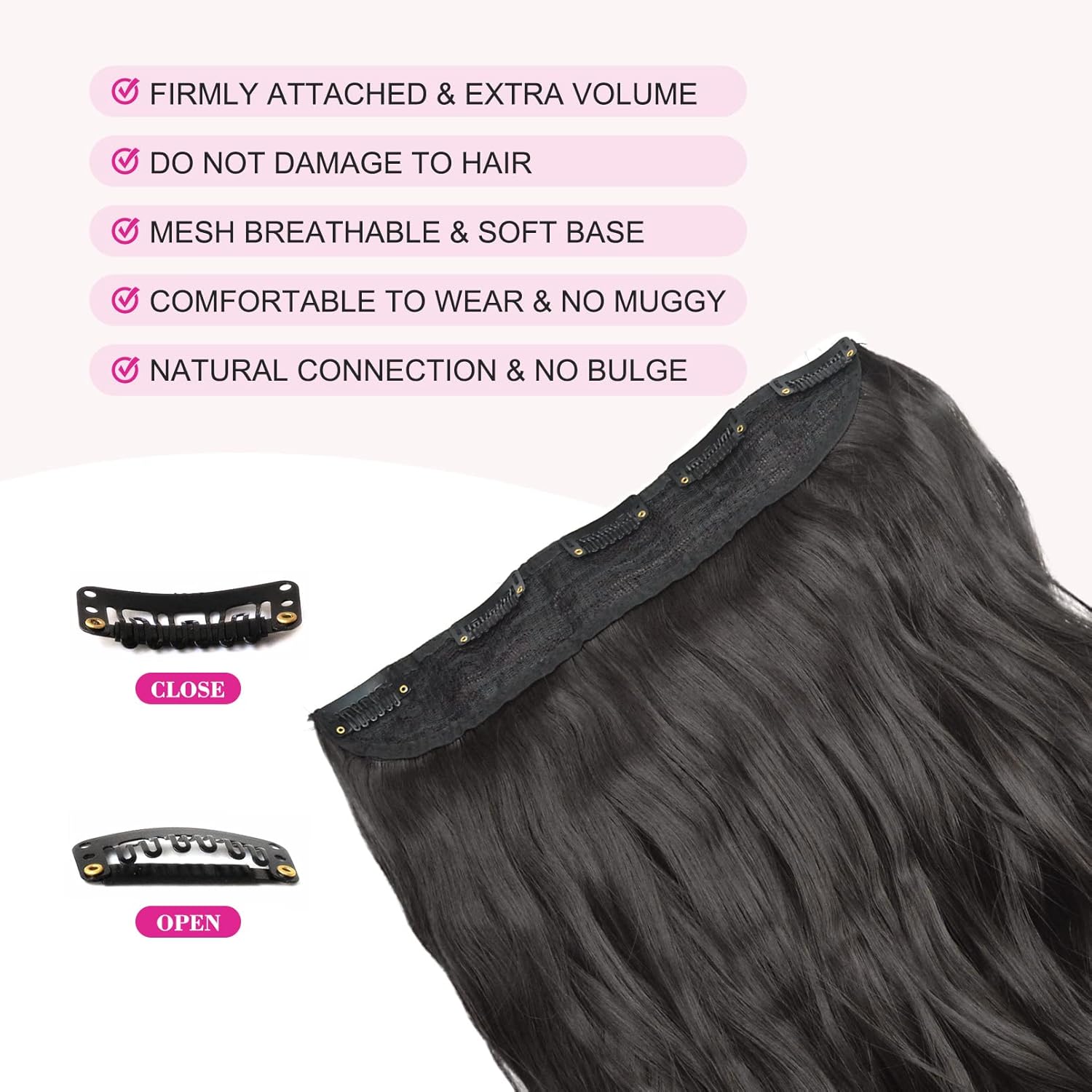 Alternative view of REECHO 20" 1-Pack 3/4 Full Head Curly Wave Clips in on Synthetic Hair Extensions HE008 Hairpieces for Women 5 Clips 4.5 Oz per Piece - Black brown