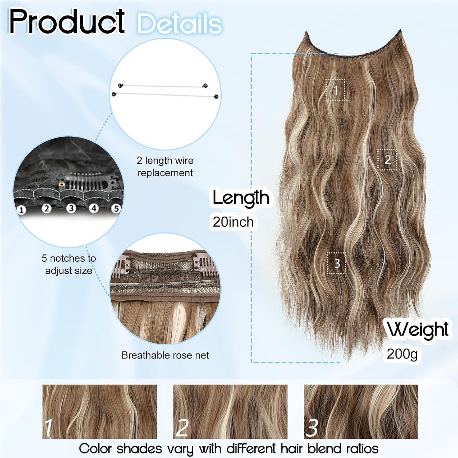 NOVFLKW Halo Hair Extensions with Invisible Wire 20 Inch Ash Brown Hair Extensions with Beach Blonde Highlight and 4 Secure Clips Wavy Synthetic Hair extensions for Women Daily Part Use