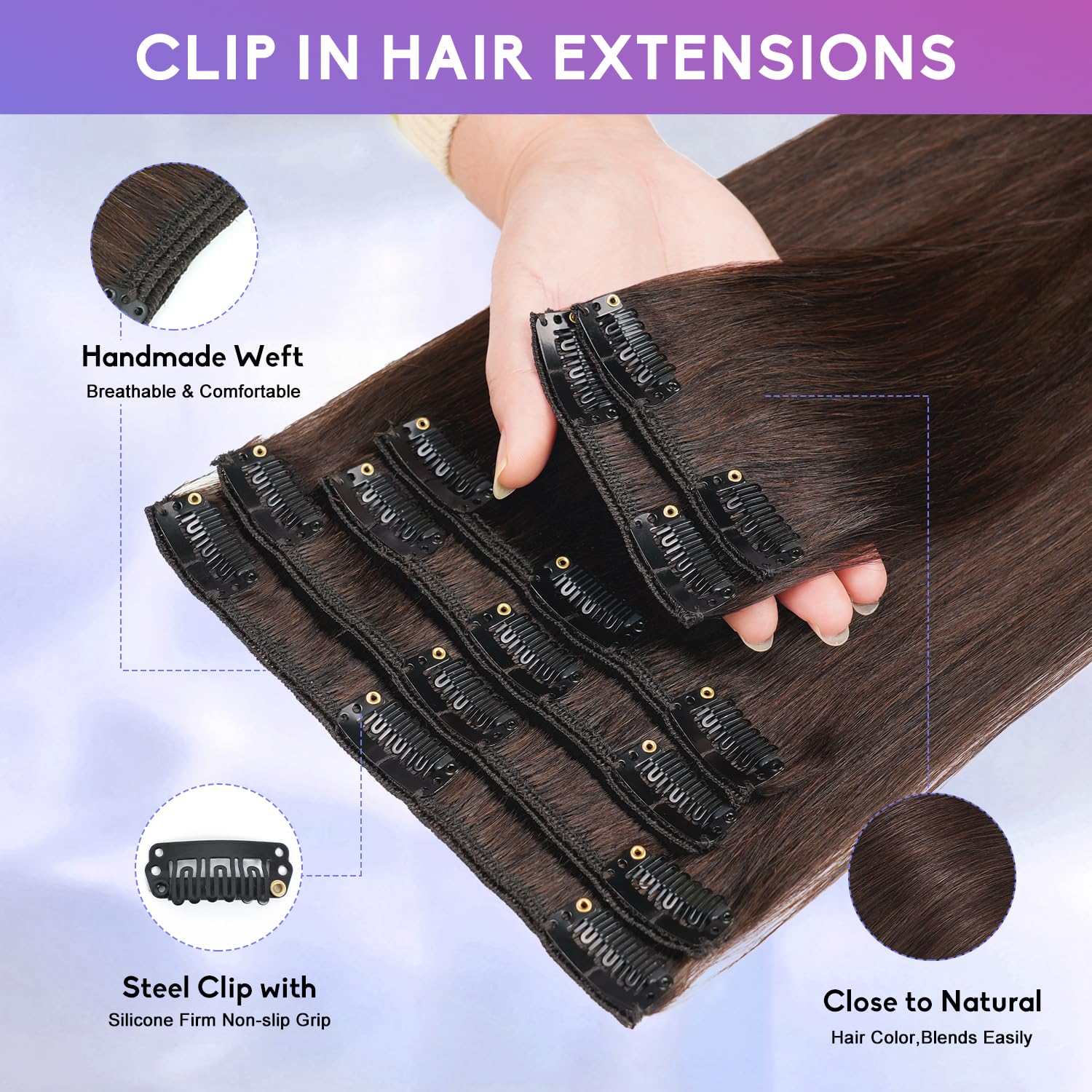 Alternative view of ZNXDJXE Dark Brown Clip in Hair Extensions Real Human Hair Invisible Seamless Remy Human Hair Clip in Extensions for Women 16 Inch 90g, 8pcs Per Set with Double Weft