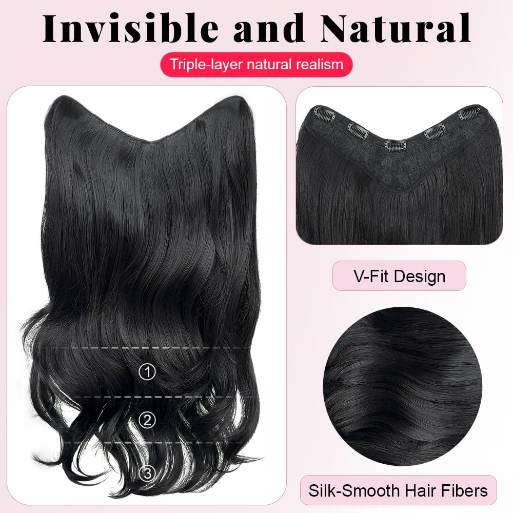 ALXNAN Clip in Hair Extensions, Black Long Wavy Hair Extensions for Women Clip Ins Soft Full Head Synthetic Hairpieces 20 Inch