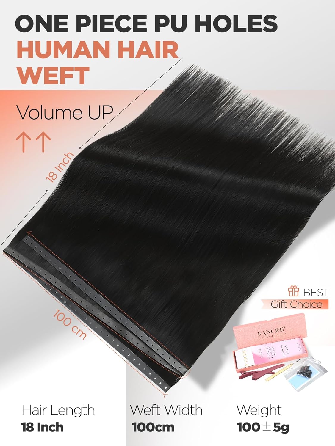 FANCEE OVO Hair Extensions Remy Human Hair 100g PU Holes Wefts with Micro Beads Black Volume Upgrade Butterfly Real Human Hair Weft Seamless Invisible Beaded Hair Extension with Tools(Black 18 Inch)