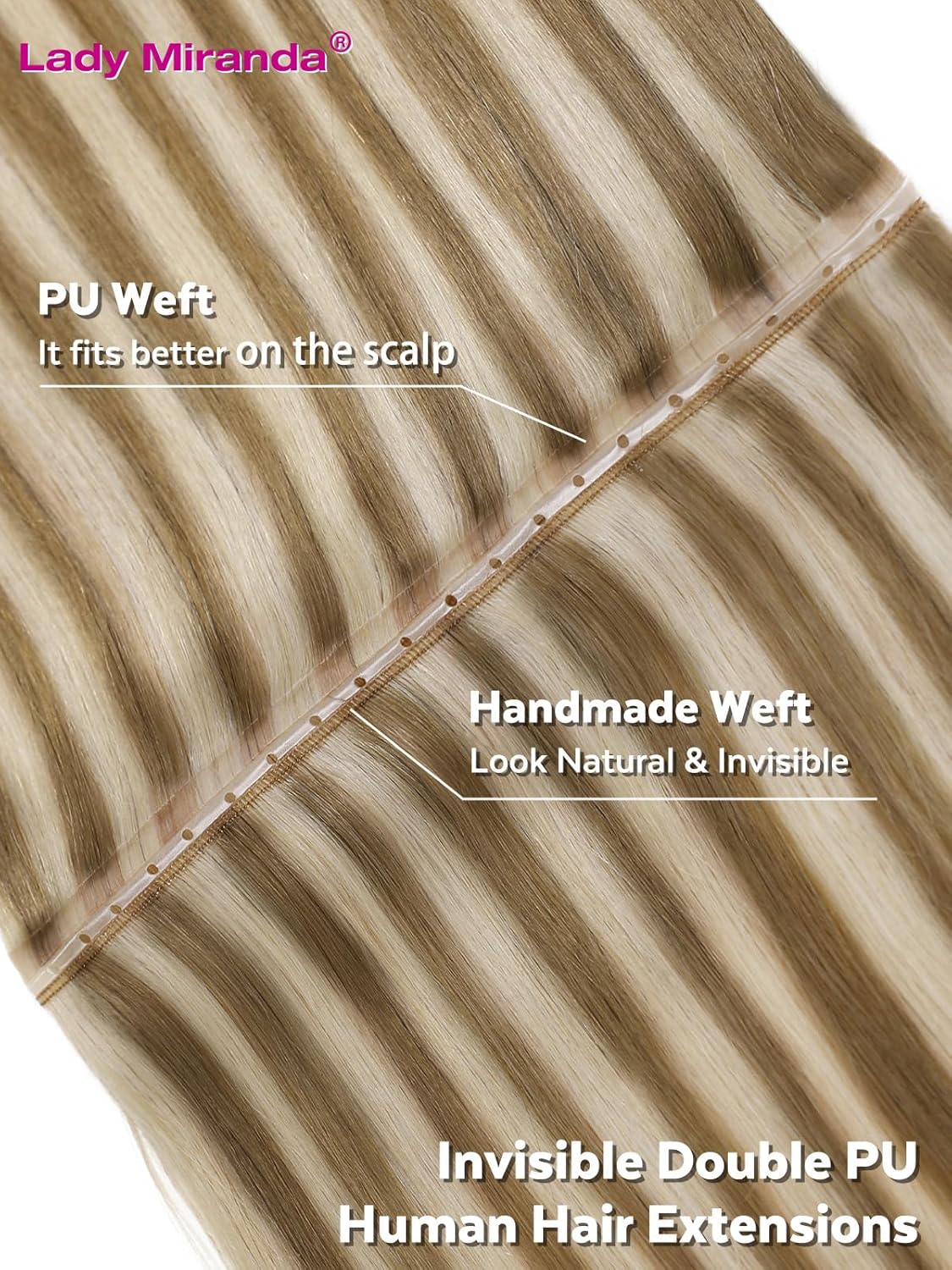 LADY MIRANDA 18 Inch 8PCS 100G OVO Butterfly Hair Extensions Real Human Hair Mixed Blonde Human Hair Extensions PU Weft with Micro Beads Hair Extensions Invisible Skin Weft (9A/60, 18 Inch)