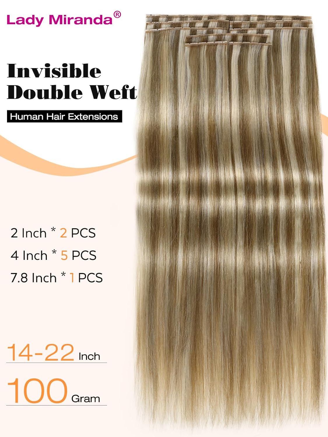 Alternative view of LADY MIRANDA 18 Inch 8PCS 100G OVO Butterfly Hair Extensions Real Human Hair Mixed Blonde Human Hair Extensions PU Weft with Micro Beads Hair Extensions Invisible Skin Weft (9A/60, 18 Inch)