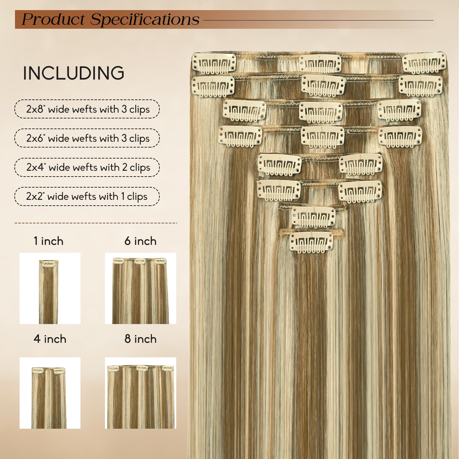 Alternative view of Clip in Hair Extensions Real Human Hair 20Inch 8pcs 105g Seamless Balayage Blonde Hair Extensions Clip Ins Double Weft Light Blonde Highlight Golden Blonde Invisible Straight Remy Human Hair for Women