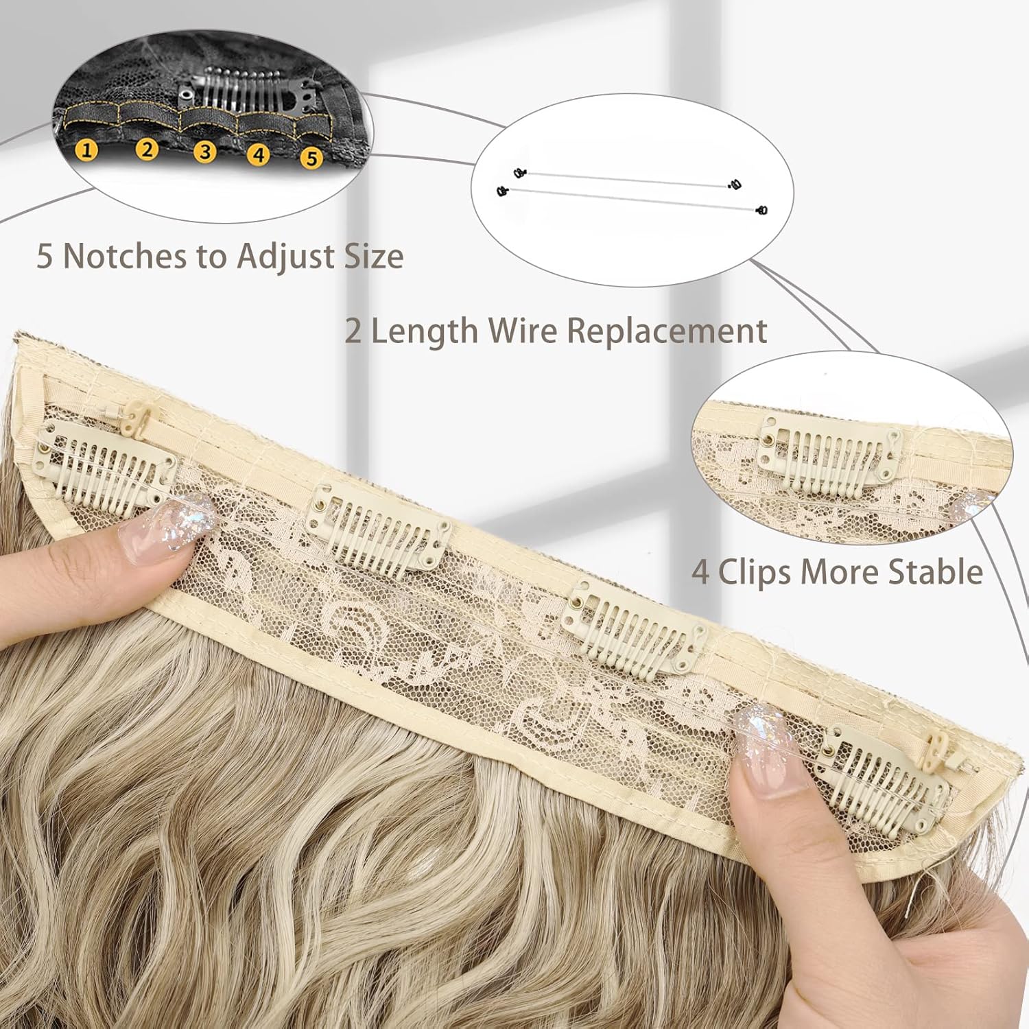 Alternative view of MORICA Halo Hair Extensions, 20 Inch Invisible Wire Hair Extensions Long Wavy Synthetic Hairpiece with Transparent Wire Adjustable Size, 4 Secure Clips for Women (Ash Blonde Mixed Light Blonde,20Inch)