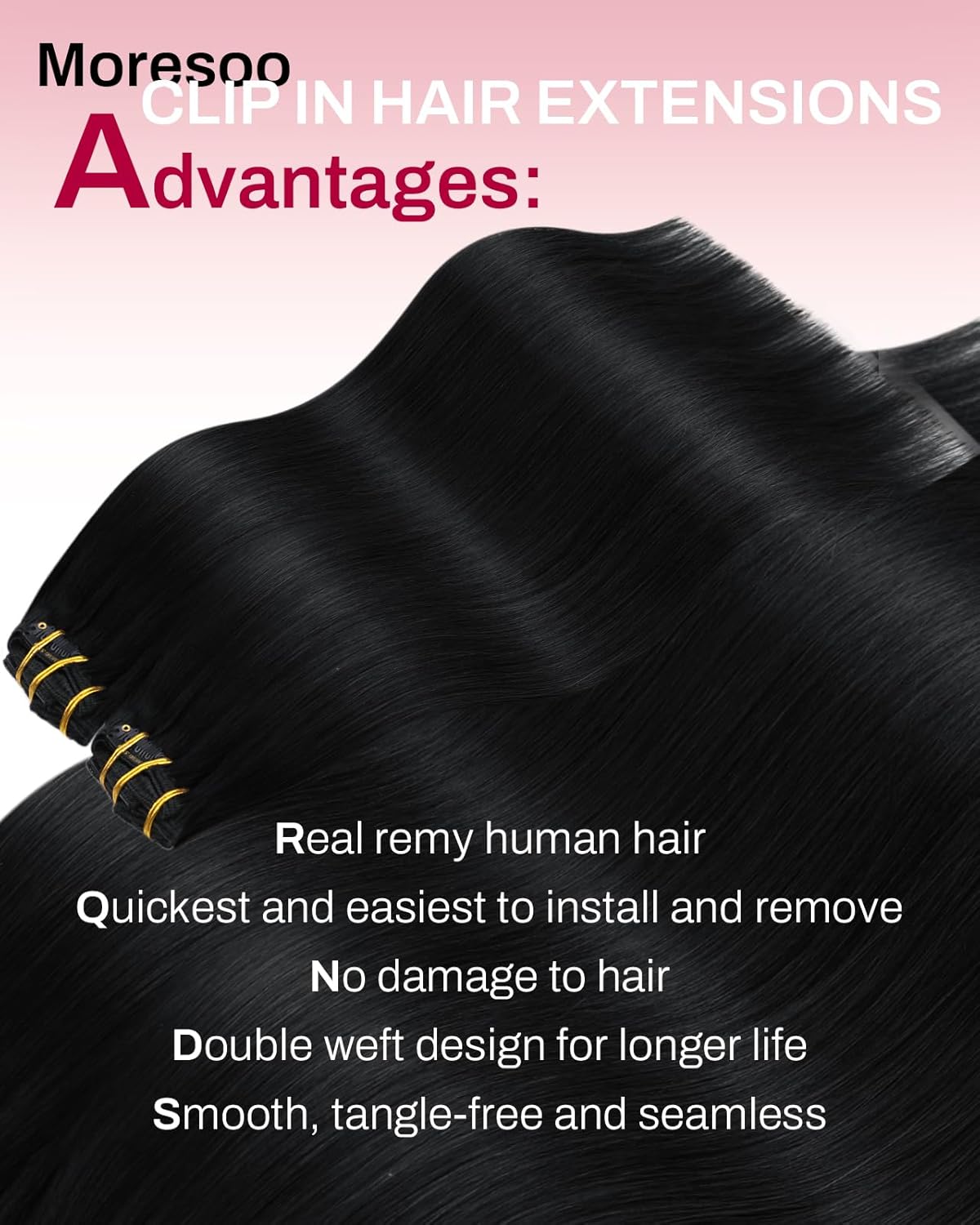 Moresoo Black Clip in Hair Extensions Real Human Hair Clip in Extensions Black Hair Extensions for Women Remy Double Weft 120g/7pcs 20 Inch