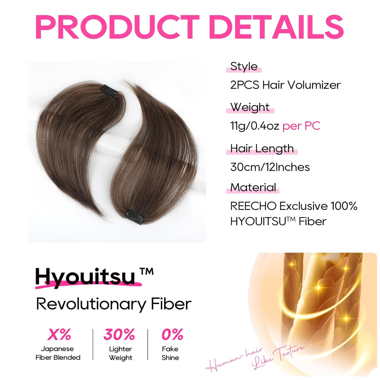 REECHO Clip in Hair Volumizer, 2PCS 12 inch Short Thick Clip in Hairpieces Adding Extra Volume Hair Extensions for Women - Chocolate Brown