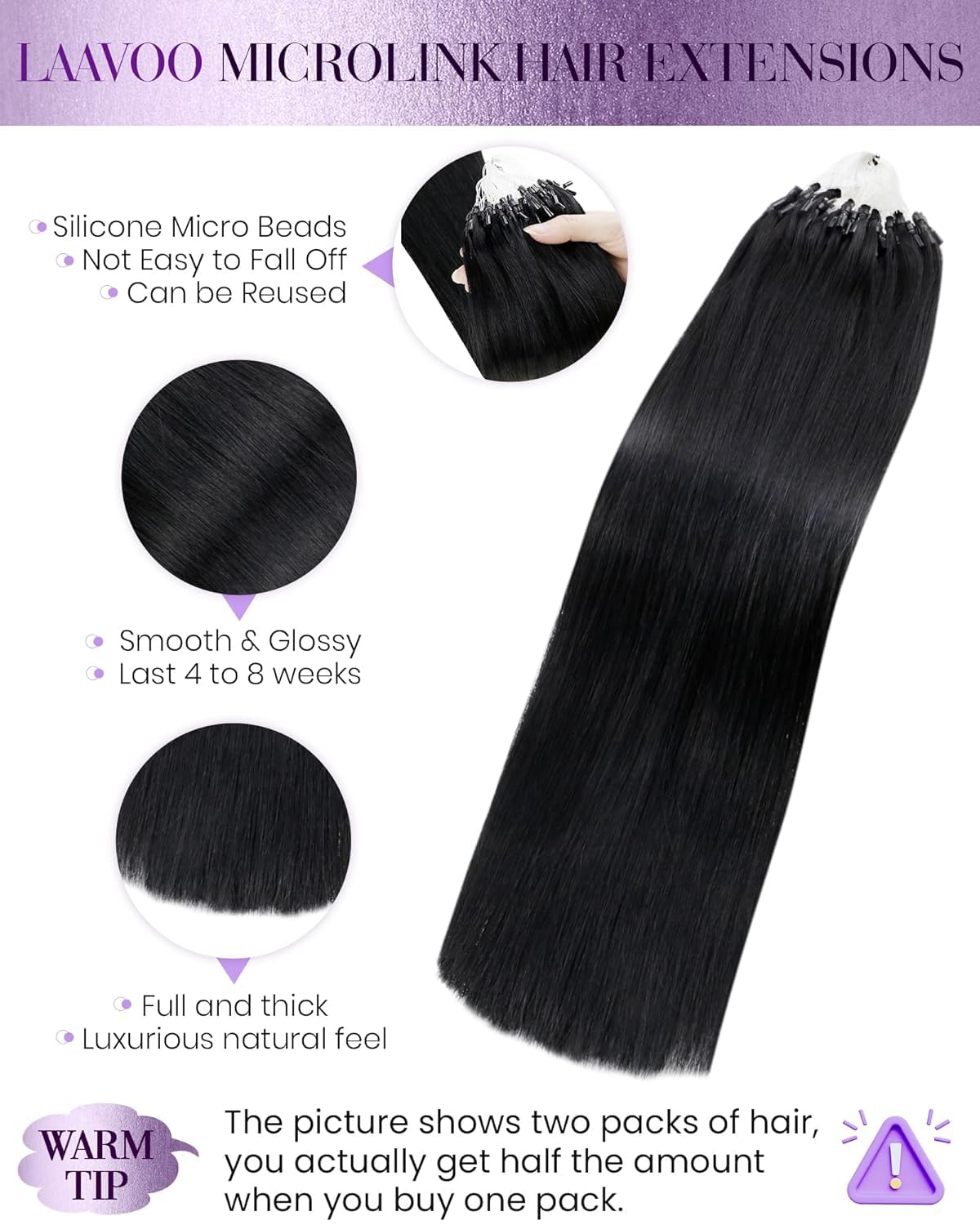 LaaVoo Microlink Hair Extensions Human Hair Jet Black Microbead Hair Extension Real Human Hair Micro Link Extensions Black Straight Hair 20inch 50gs 50g