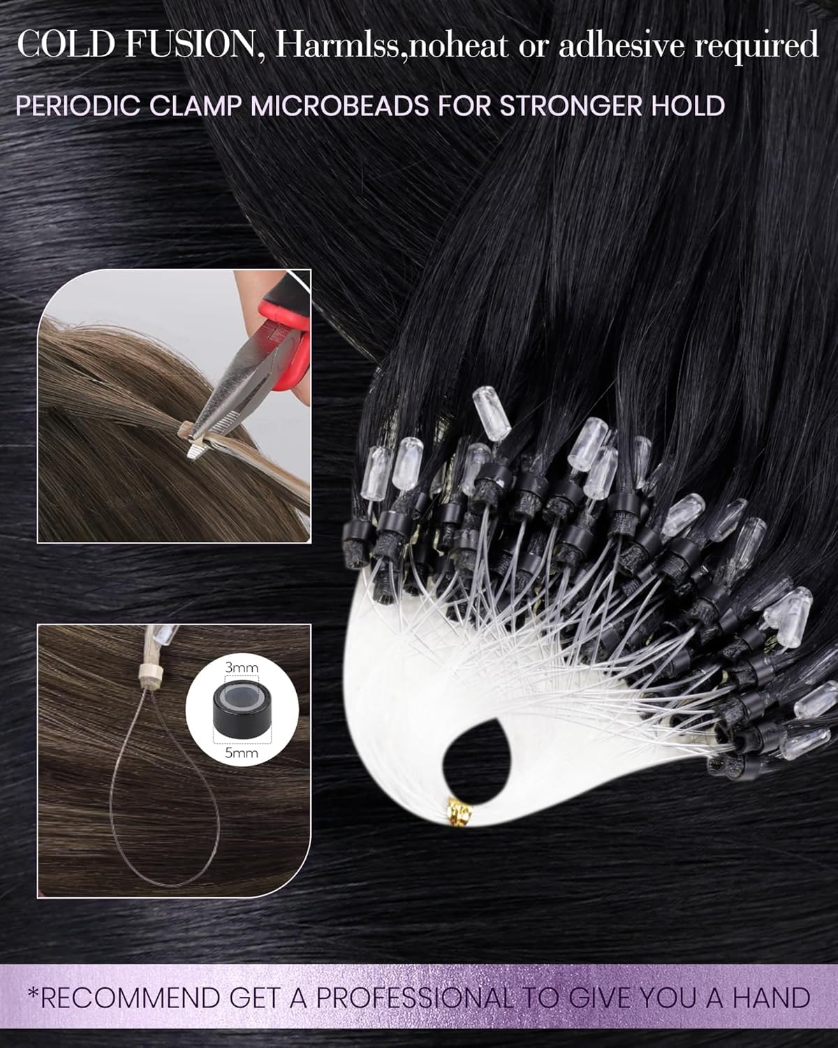 Alternative view of LaaVoo Microlink Hair Extensions Human Hair Jet Black Microbead Hair Extension Real Human Hair Micro Link Extensions Black Straight Hair 20inch 50gs 50g