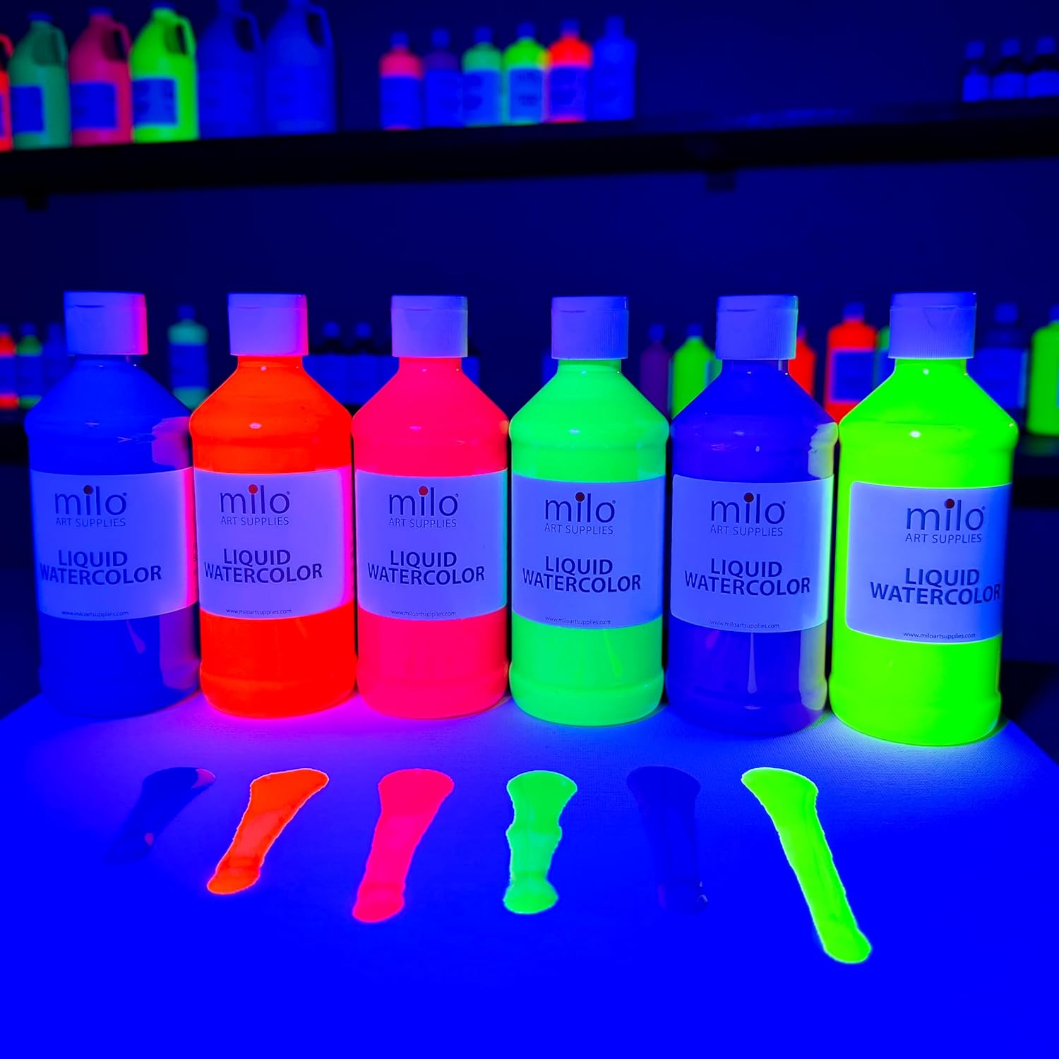 milo Fluorescent Liquid Watercolor Paint Set of 6 Colors | 8 oz Bottles | Neon, Washable, Safe and Non-Toxic | Made in the USA | Glows UV with Black Light | Water Color Arts & Crafts Paints