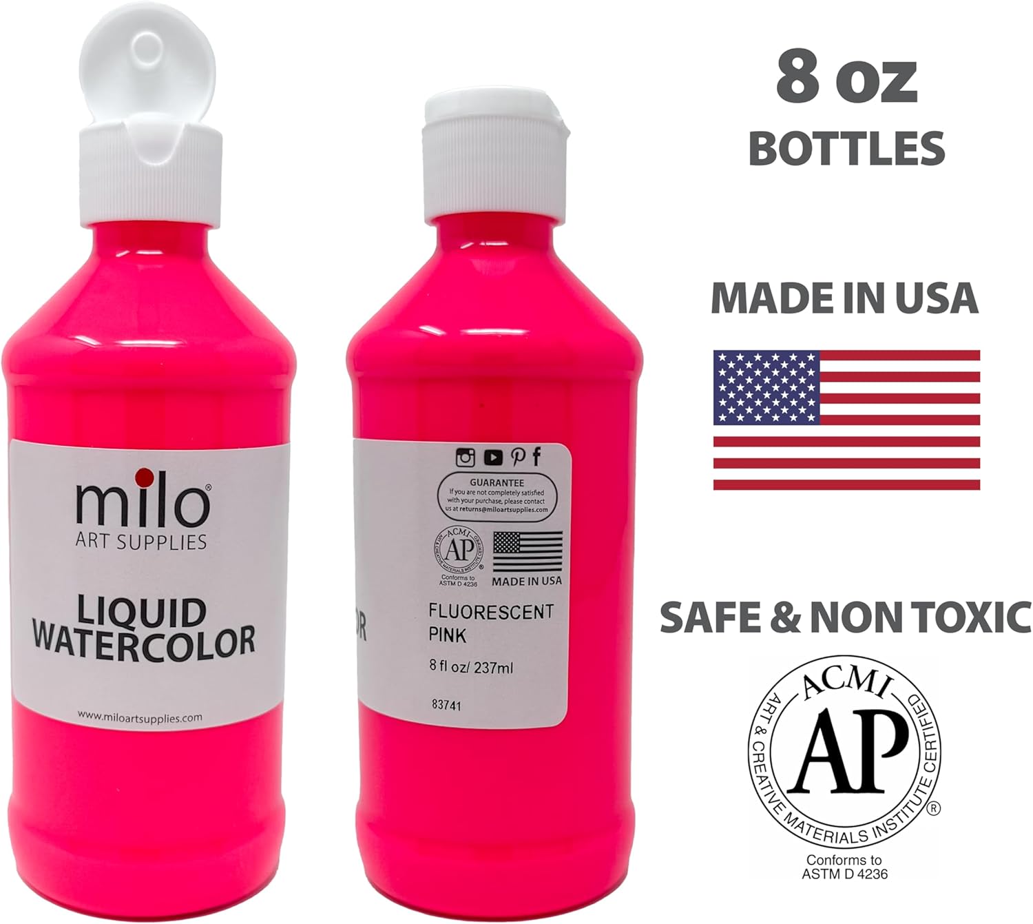 Alternative view of milo Fluorescent Liquid Watercolor Paint Set of 6 Colors | 8 oz Bottles | Neon, Washable, Safe and Non-Toxic | Made in the USA | Glows UV with Black Light | Water Color Arts & Crafts Paints