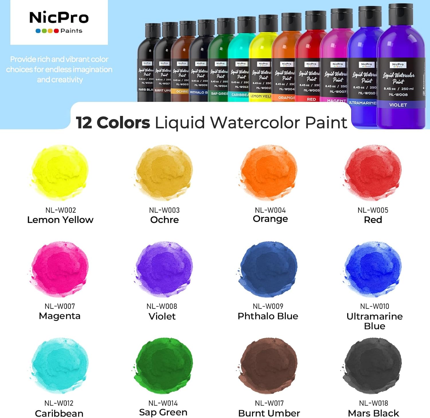Alternative view of Nicpro 12 Colors Liquid Watercolor Paint Set, 8.45oz Large Bulk Liquid Watercolor Paint, Non-Toxic Water Colors Painting Supplies for Art Activity, Craft DIY, Poster, School, Home, Classroom, Party