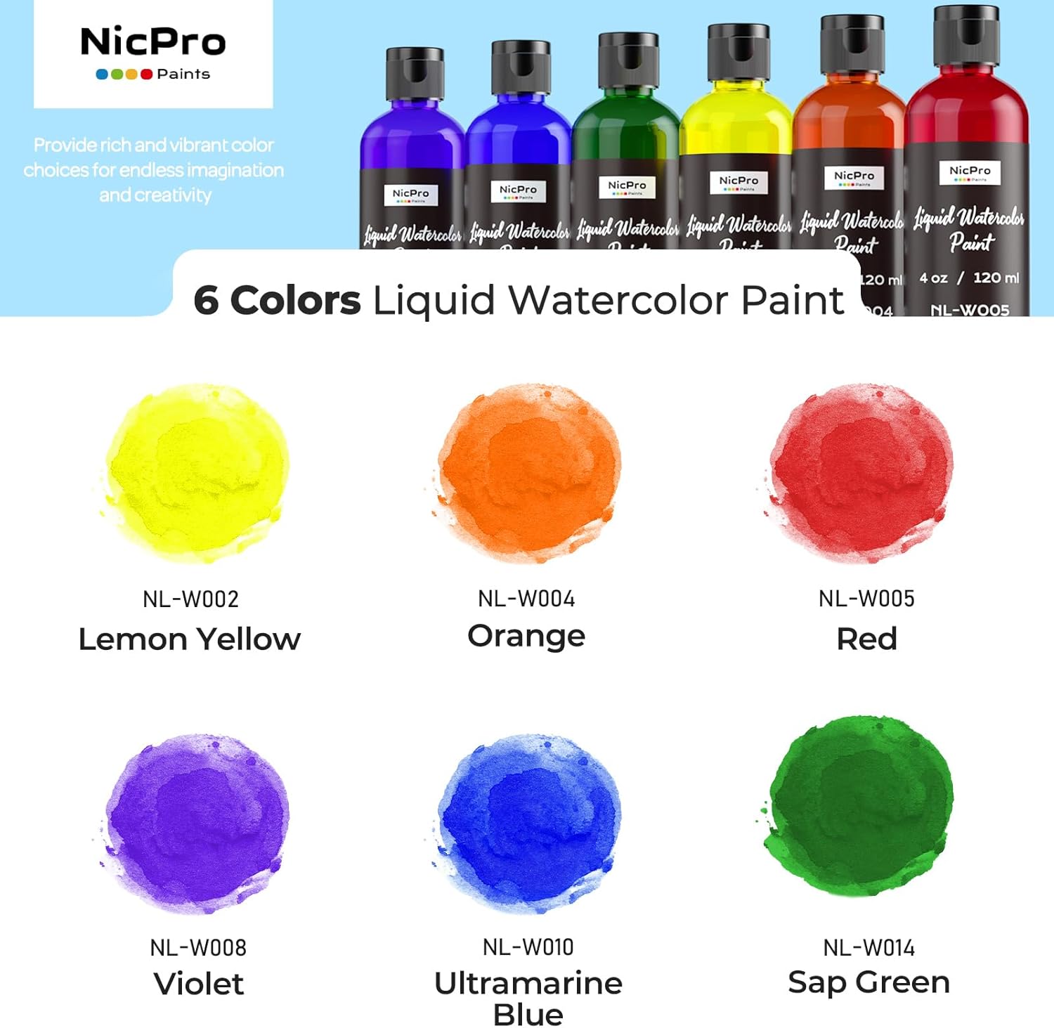 Alternative view of Nicpro 6 Colors Liquid Watercolor Paint Set, 4oz Liquid Watercolor Paint, Vibrant Colors & Non-Toxic Water Colors Painting Supplies for Art Activity, Craft DIY, Poster, School, Home, Classroom, Party