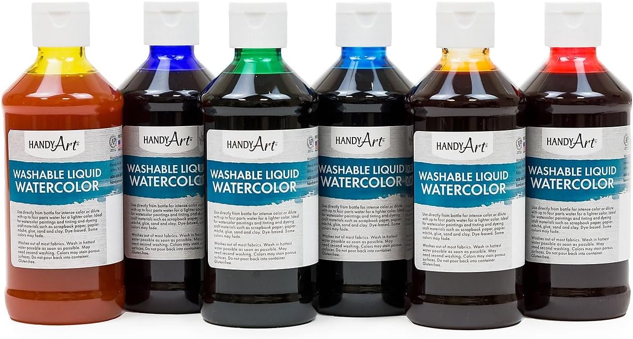 Handy Art Washable Liquid Watercolors, 8 oz., Primary Colors, Set of 6