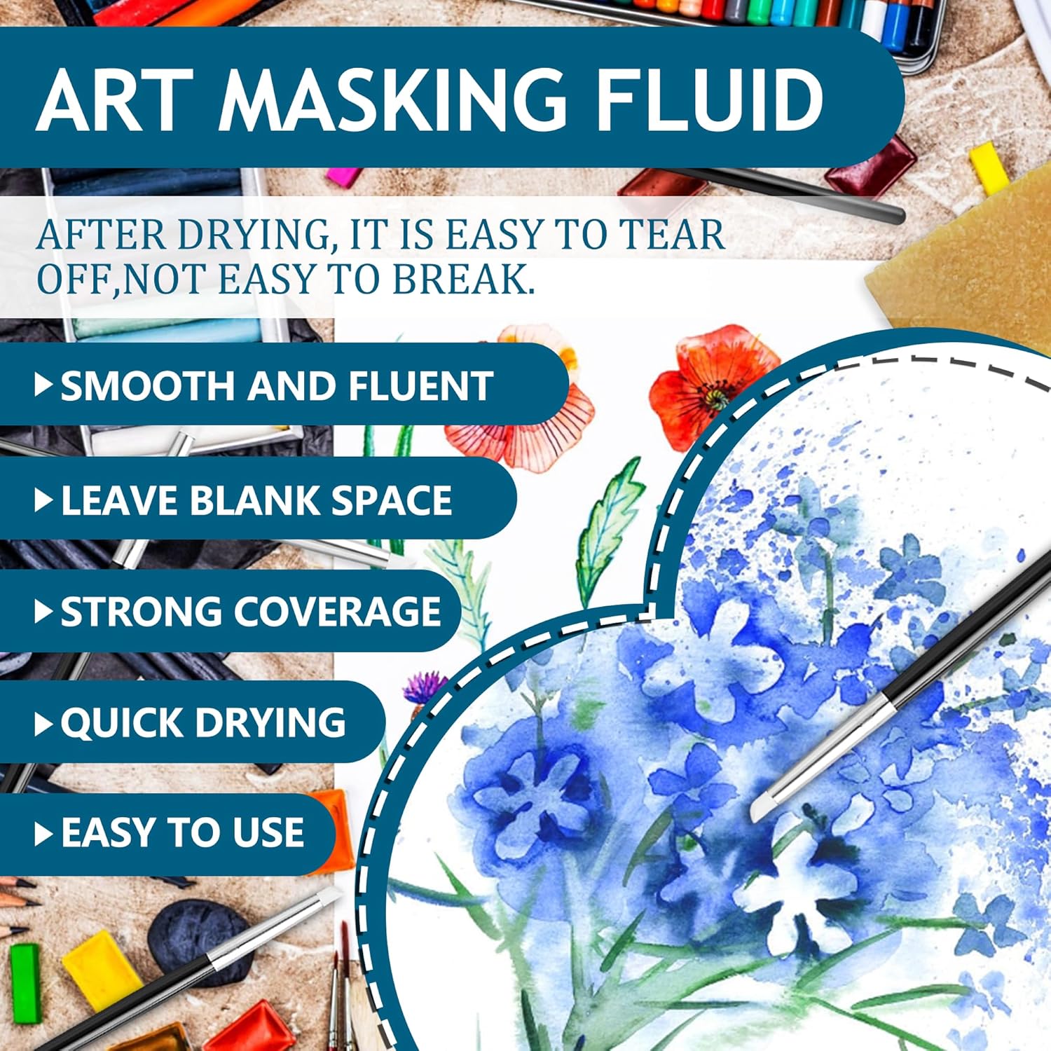 Watercolor Masking Fluid, Liquid Masking for Painting Watercolor Accessories with Silicone Pen Cleaning Brush Retouching and Covering for Painting and Various Art Projects Supplies,White (85ml)