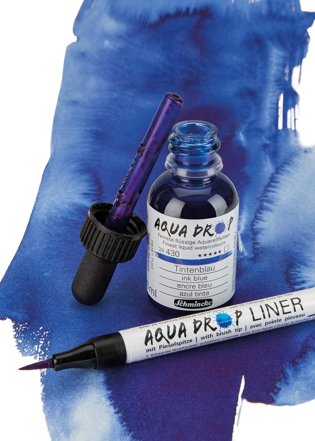 Schmincke - AQUA DROP, liquid watercolor, 5 x 30 ml transparent colors + LINER with brush tip, 78 105 097, Set for watercolor painting, calligraphy, handlettering, airbrushing