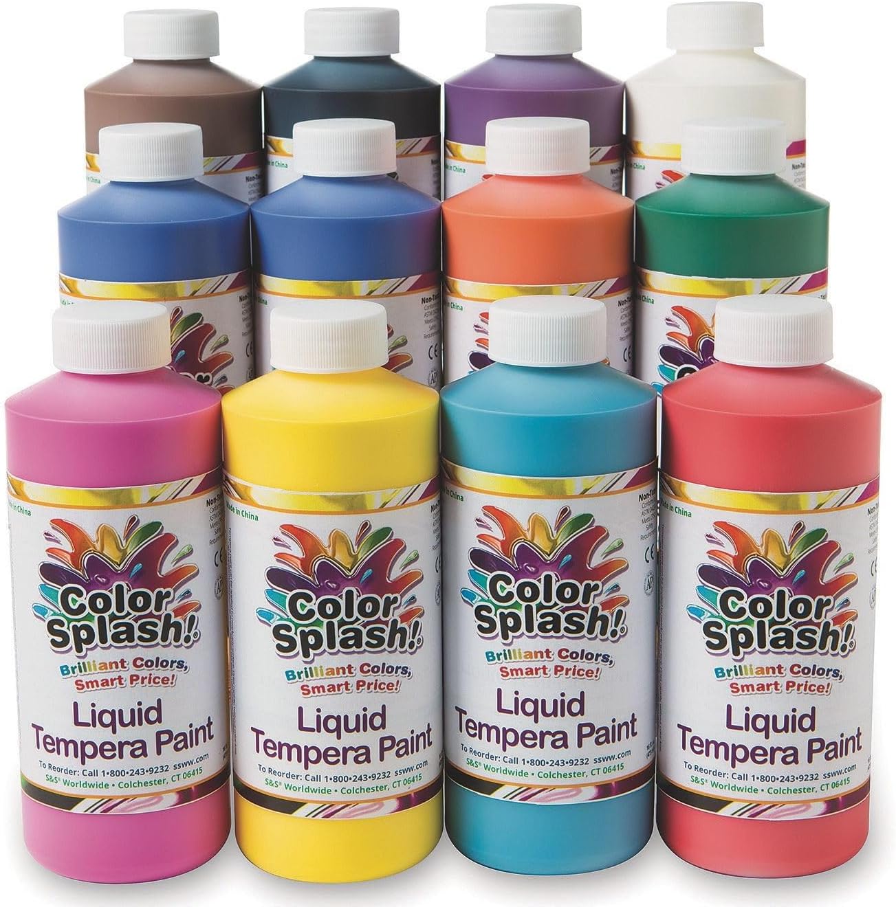 Alternative view of S&S Worldwide Color Splash! Liquid Tempera Bulk Paint, Set of 12 in 11 Bright Colors, 8-oz Flip-Top Bottles, Great for Arts & Crafts, School, Classroom, Poster Paint, For Kids & Adults, Non-Toxic.