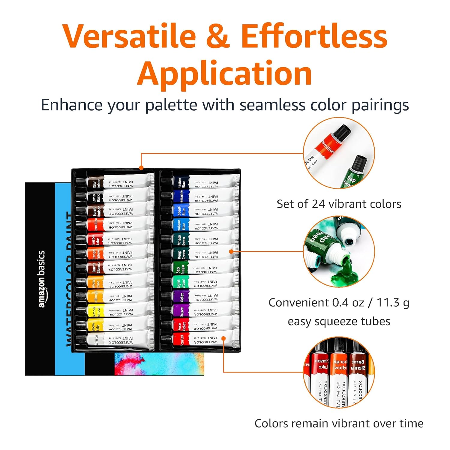 Alternative view of Amazon Basics Vibrant Watercolor Paint Set Tubes, 24 Colors, Assorted Colors