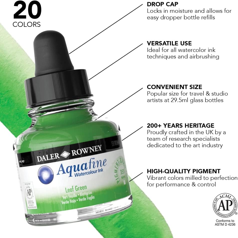 Alternative view of Daler-Rowney Aquafine Watercolor Ink Leaf Green 29.5ml - Versatile Liquid Watercolor Ink for Artists and Students - Use with Paint Brushes, Technical Pens, Airbrushes, and Paint Markers