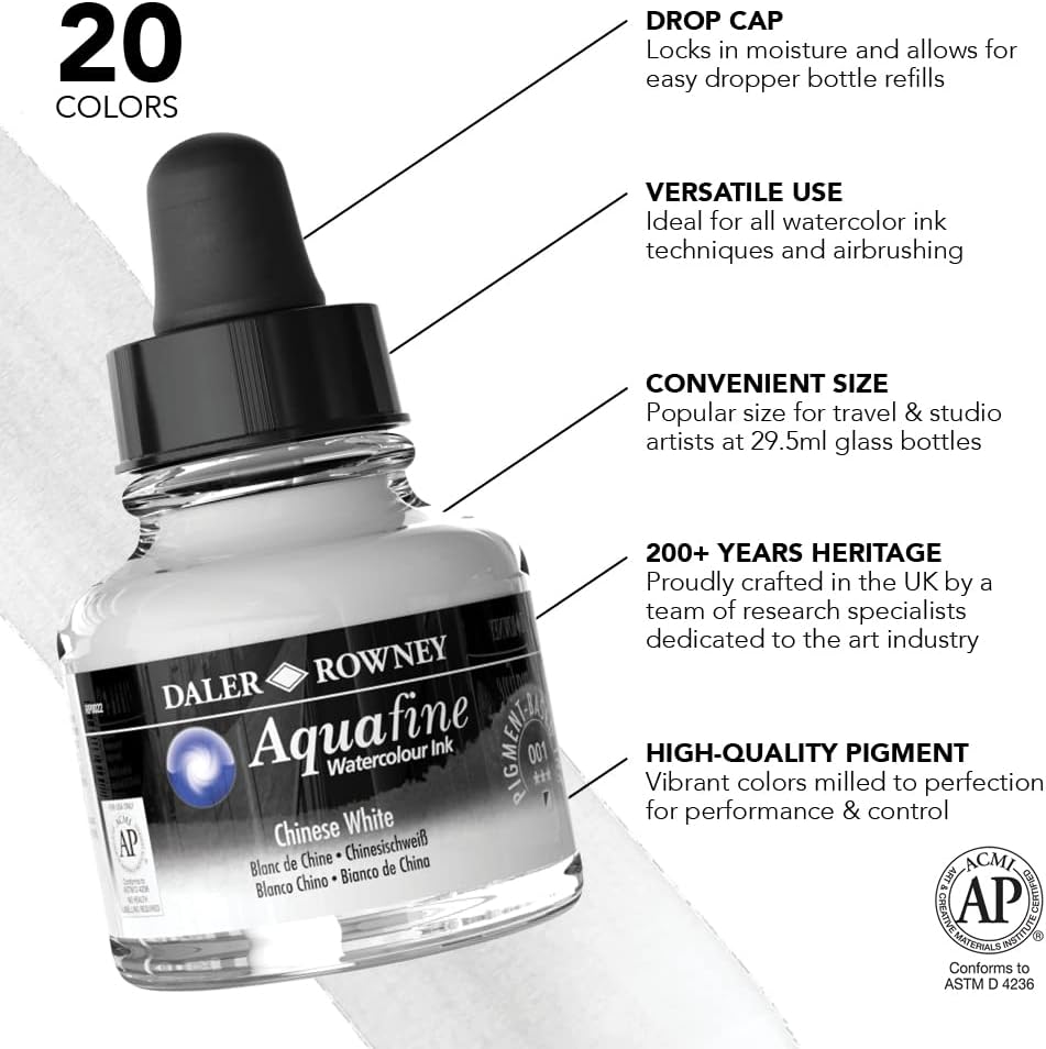 Alternative view of Daler-Rowney Aquafine Watercolor Ink Chinese White 29.5ml - Versatile Liquid Watercolor Ink for Artists and Students - Use with Paint Brushes, Technical Pens, Airbrushes, and Paint Markers