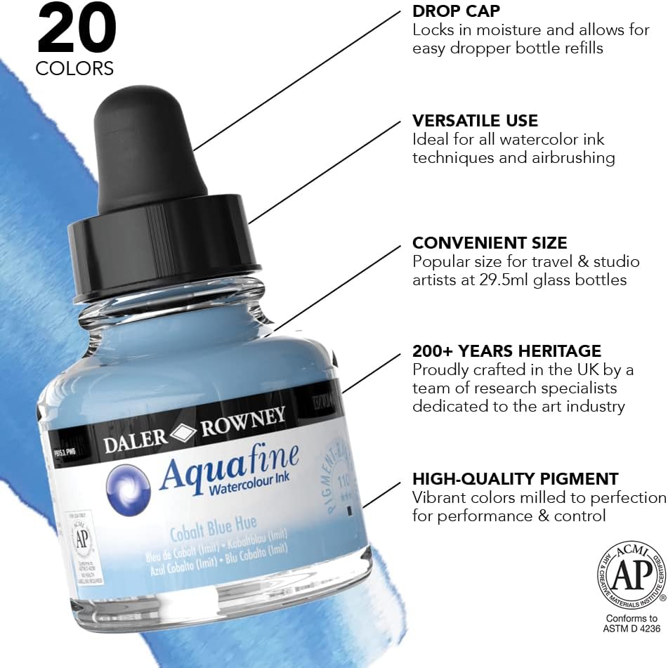 Alternative view of Daler-Rowney Aquafine Watercolor Ink Cobalt Blue Hue 29.5ml - Versatile Liquid Watercolor Ink for Artists and Students - Use with Paint Brushes, Technical Pens, Airbrushes, and Paint Markers