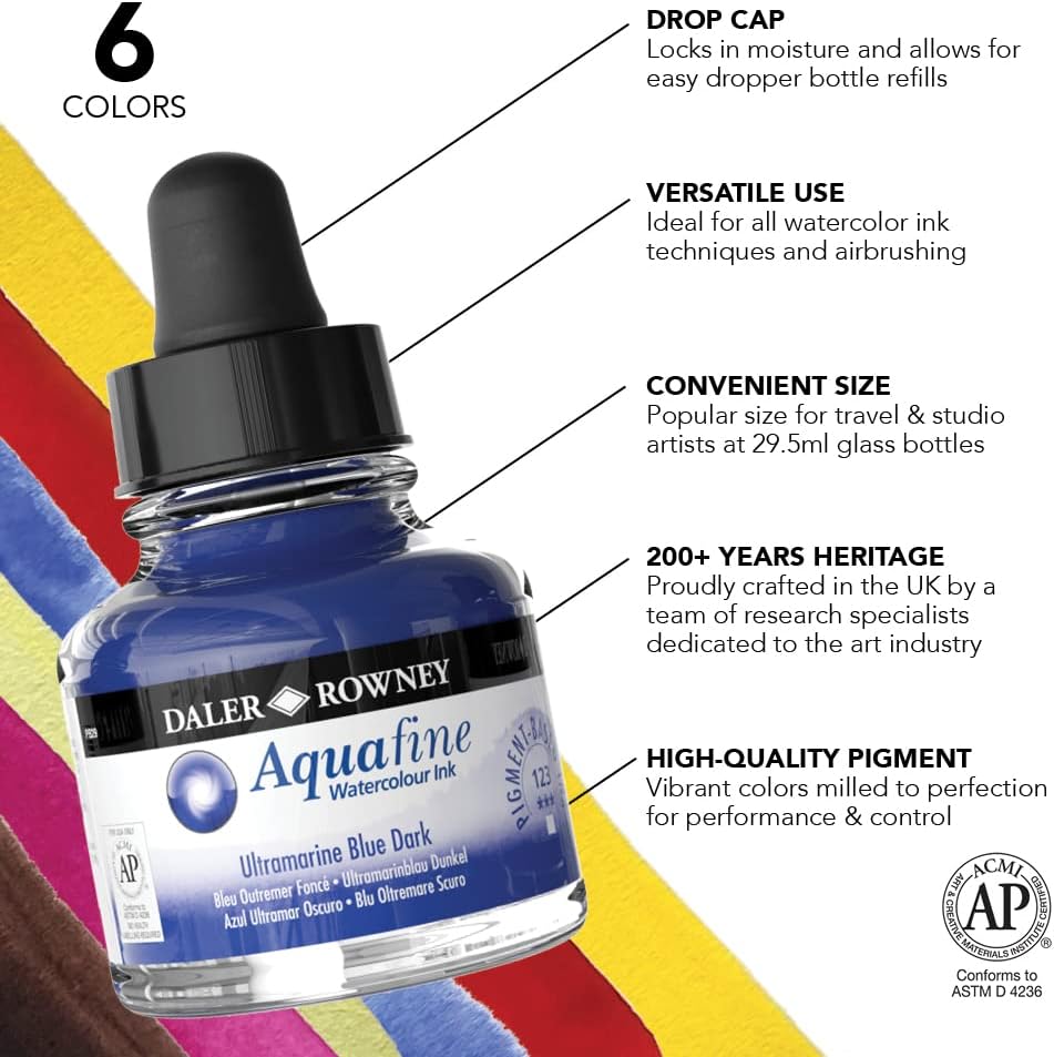 Alternative view of Daler-Rowney Aquafine Watercolor Ink 6-Color Intro Set with Marker - Versatile Liquid Watercolor Ink for Artists and Students - Use with Paint Brushes, Technical Pens, Airbrushes, and Paint Markers