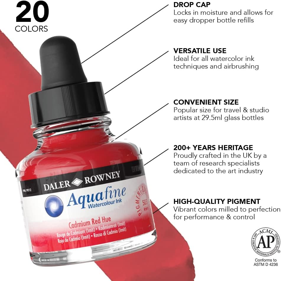 Alternative view of Daler-Rowney Aquafine Watercolor Ink Cadmium Red Hue 29.5ml - Versatile Liquid Watercolor Ink for Artists and Students - Use with Paint Brushes, Technical Pens, Airbrushes, and Paint Markers