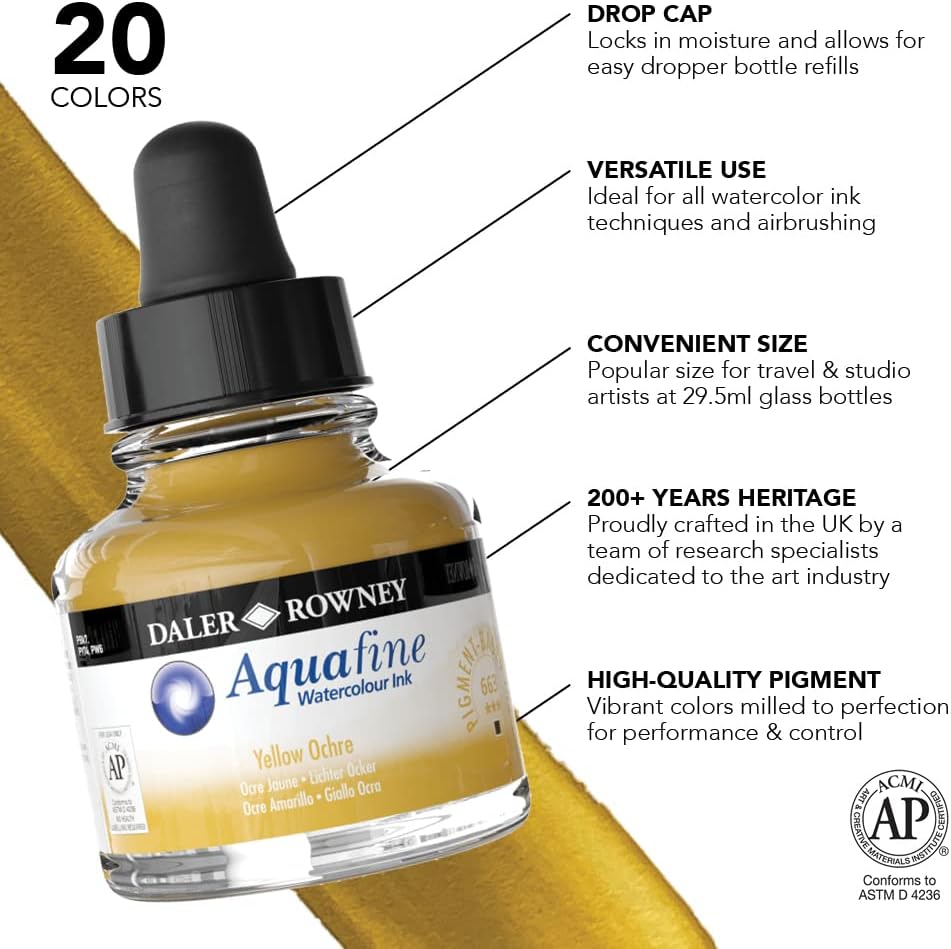 Alternative view of Daler Rowney Aquafine Watercolor Ink Yellow Ochre 29.5ml - Versatile Liquid Watercolor Ink for Artists and Students - Use with Paint Brushes, Technical Pens, Airbrushes, and Paint Markers