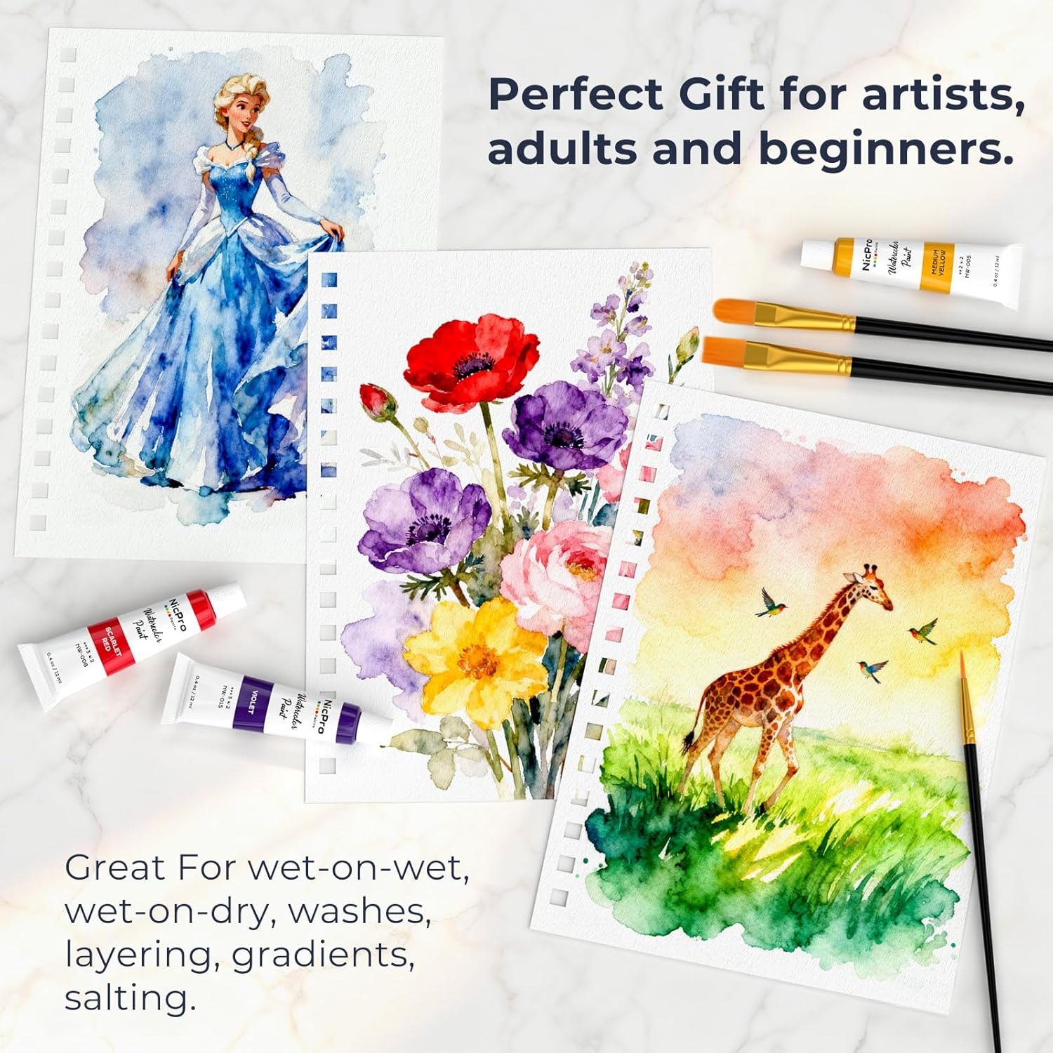 Nicpro Watercolor Paint Set for Adults, 36 Colors Watercolor Tube Set (12ml,0.4oz) with10 Paint Brushes, 25-Sheet Watercolor Paper Book, Palette, Water Color Painting Supplies for Artists Beginners Gift