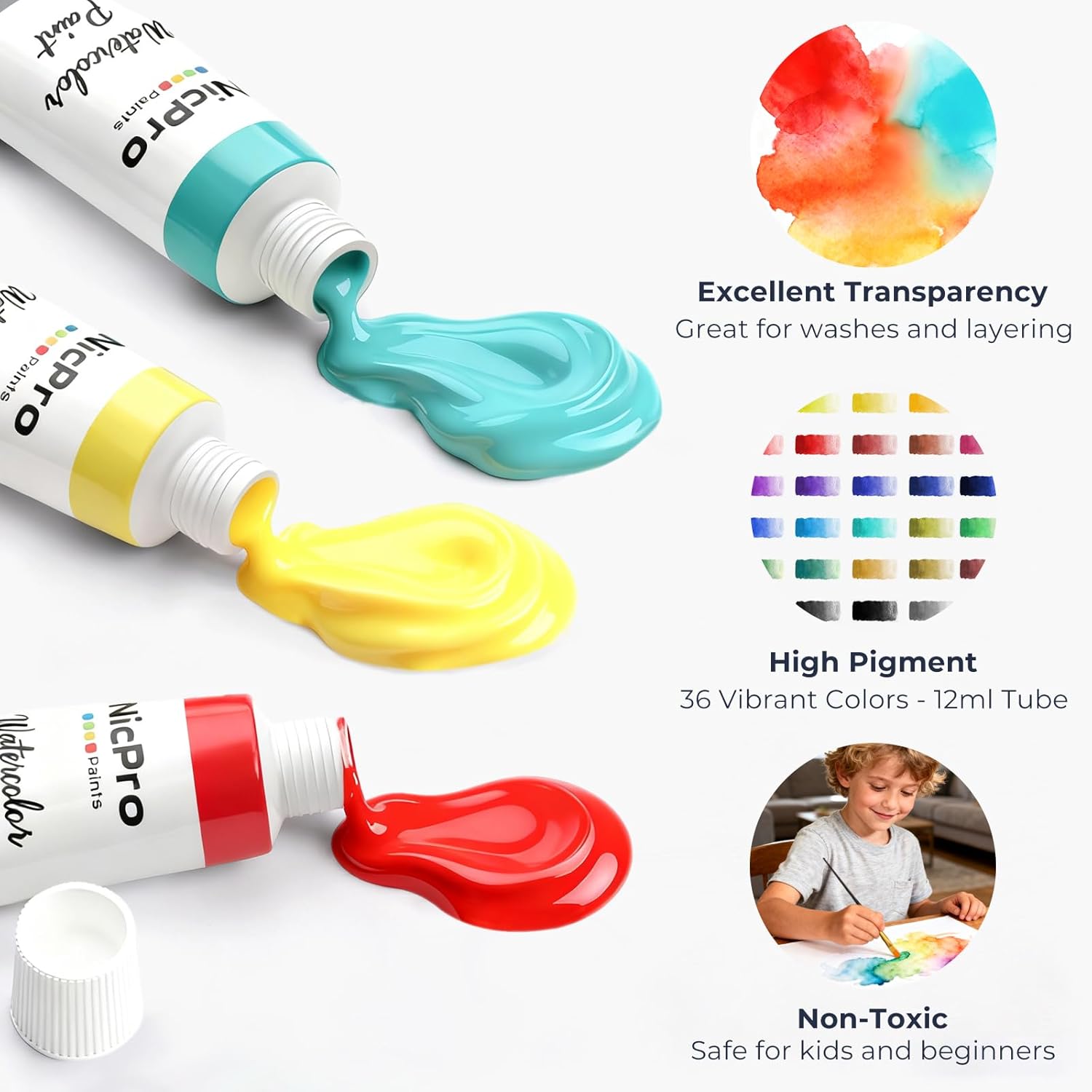 Alternative view of Nicpro Watercolor Paint Set for Adults, 36 Colors Watercolor Tube Set (12ml,0.4oz) with10 Paint Brushes, 25-Sheet Watercolor Paper Book, Palette, Water Color Painting Supplies for Artists Beginners Gift