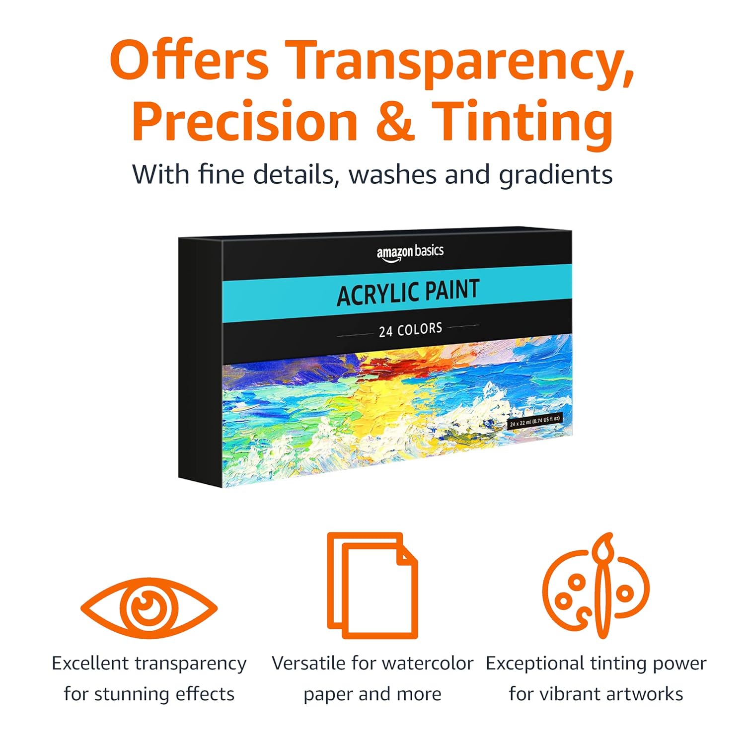 Amazon Basics Acrylic Paint Tubes, 24 count (Pack of 1), Multicolor