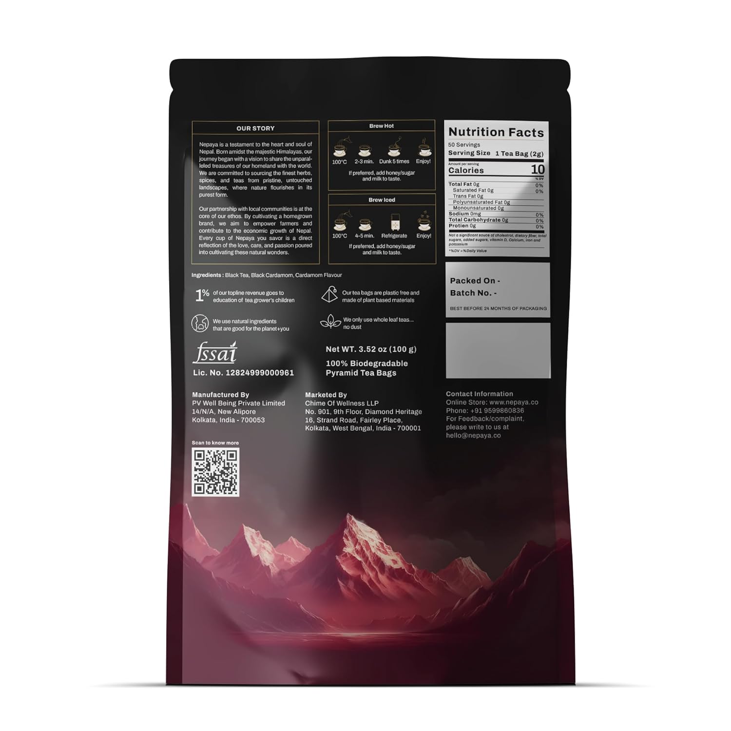 Nepaya Black Cardamom Black Tea u2013 50 Pyramid Tea Bags, Robust & Smoky, High Caffeine, Biodegradable, Himalayan Whole-Leaf, Coffee Replacement