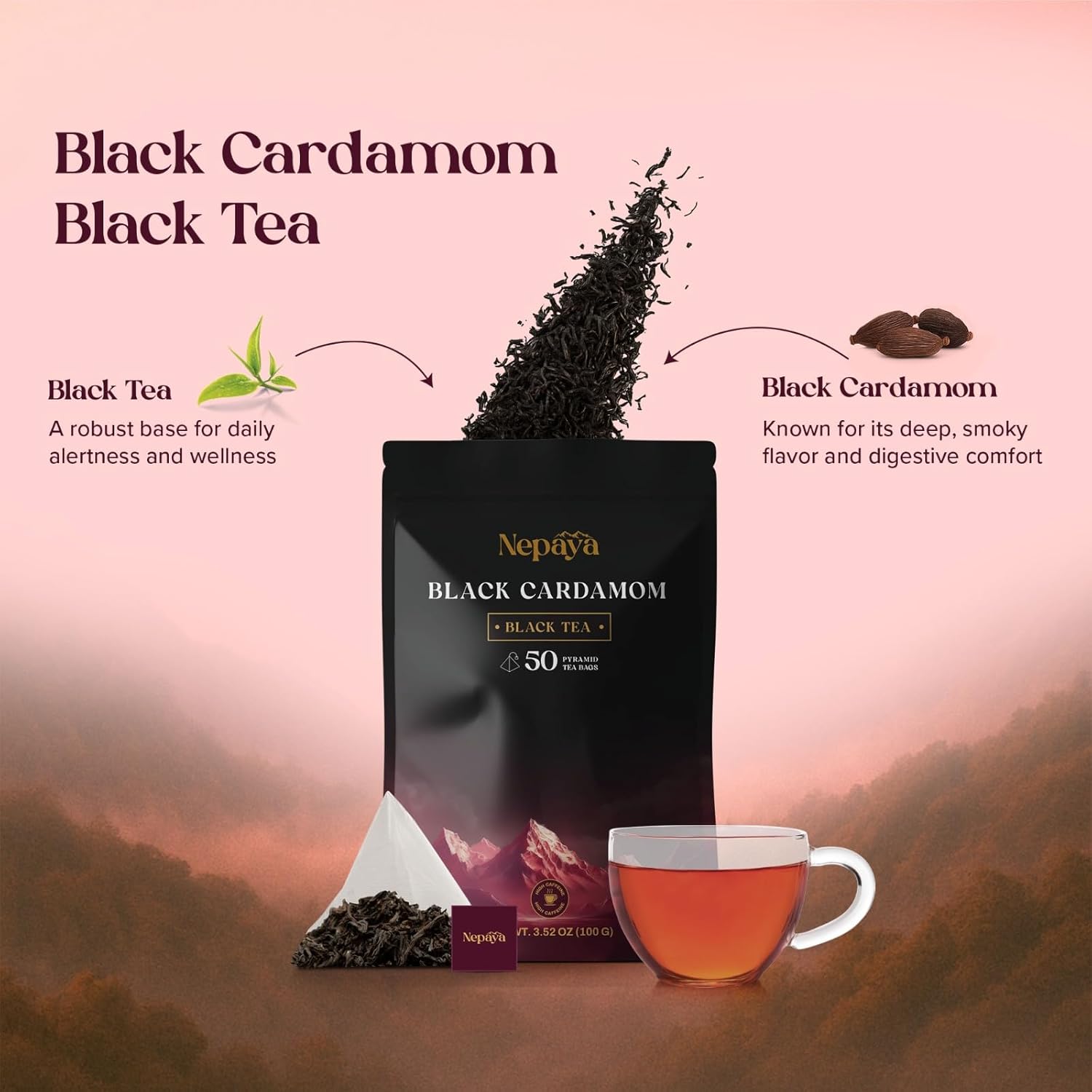 Alternative view of Nepaya Black Cardamom Black Tea u2013 50 Pyramid Tea Bags, Robust & Smoky, High Caffeine, Biodegradable, Himalayan Whole-Leaf, Coffee Replacement