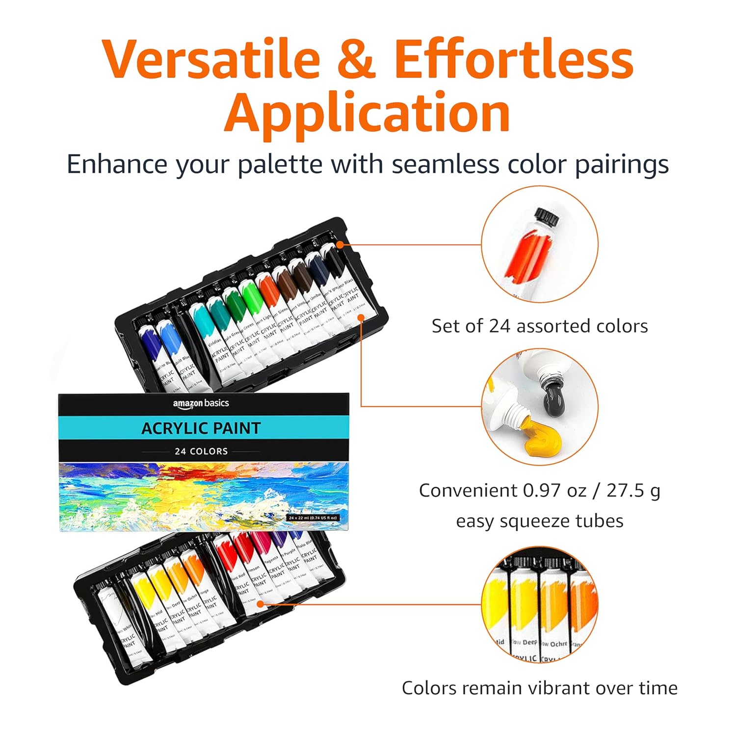 Alternative view of Amazon Basics Acrylic Paint Tubes, 24 count (Pack of 1), Multicolor