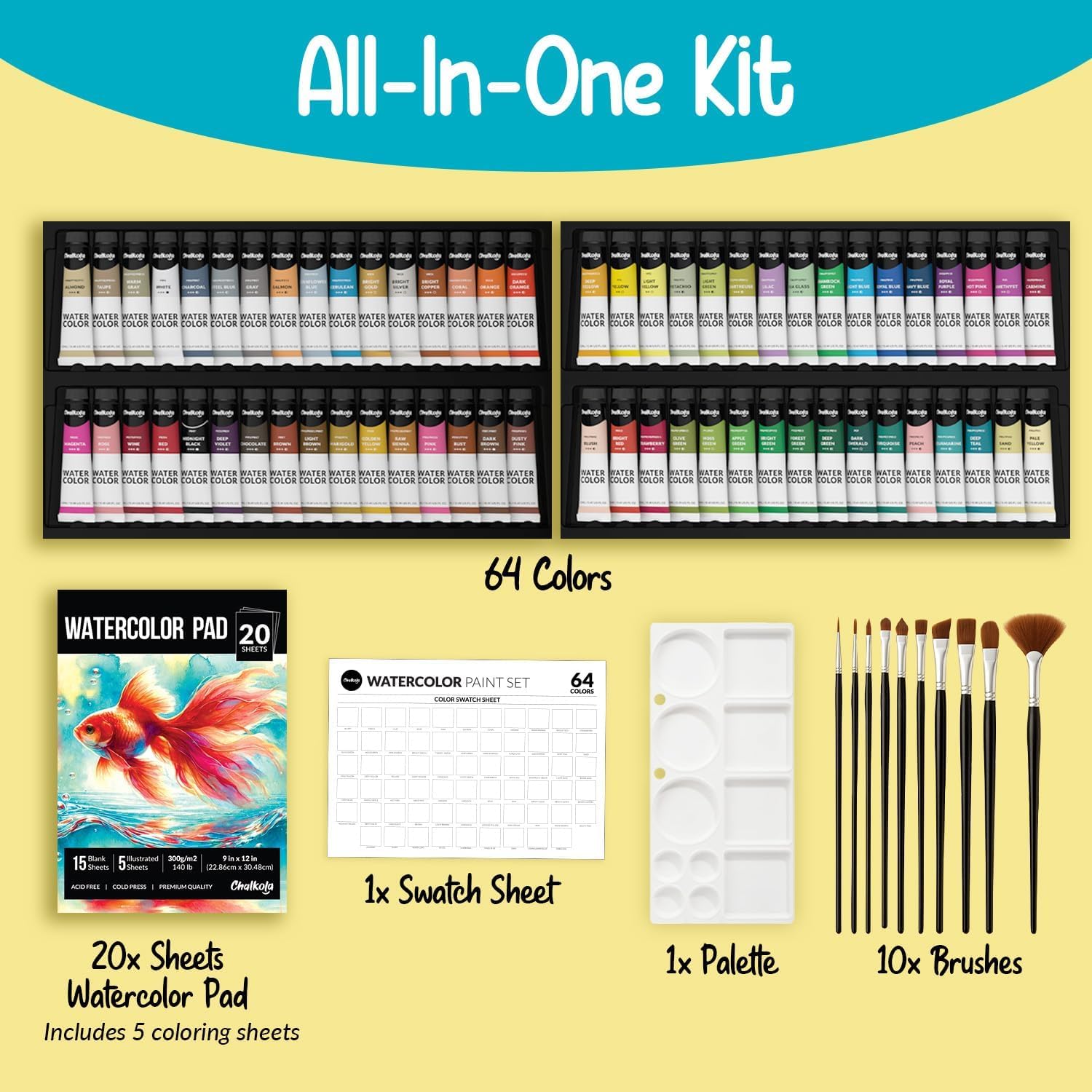 Alternative view of Chalkola Watercolor Paint Set - 64 Water Color Paint Tubes (12ml, 0.4oz), 10 Painting Brushes & 1 Palette, 20 WaterColor Pad | Art Supplies for Adults & Professional Artists