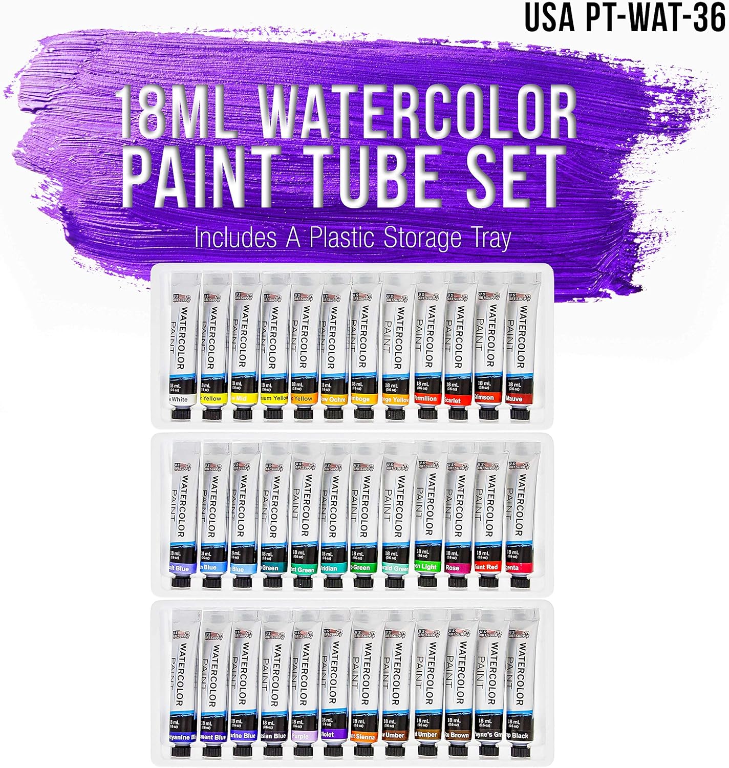 U.S. Art Supply 36-Color Water Colors Paint Set, 12ml Professional Watercolor Tubes, Vibrant Pigments - Water Colors Paint Adult Set for Artists
