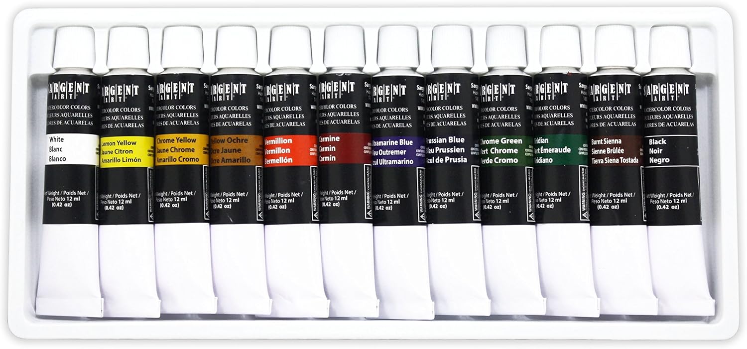 Sargent Art 23-0701 Tube Watercolors Set, Premium,Assorted, 0.40 Fl Oz (Pack of 12)