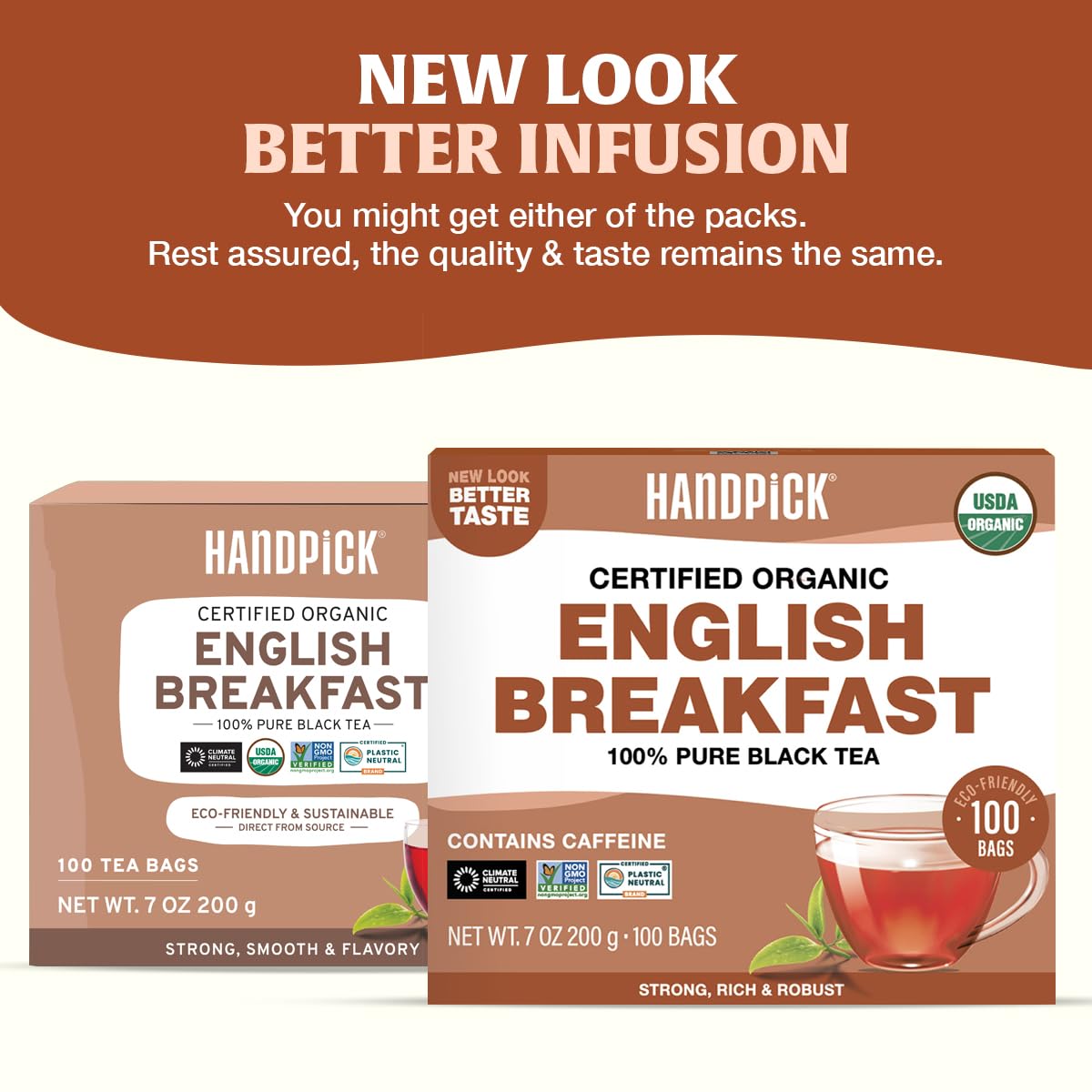 HANDPICK, Organic English Breakfast Black Tea Bags (100 Count) USDA Organic, Non-GMO | Strong, Robust, High-Caffeine Black Tea | Eco-conscious Tea Bags, Brew English Breakfast Tea & Kombucha Tea