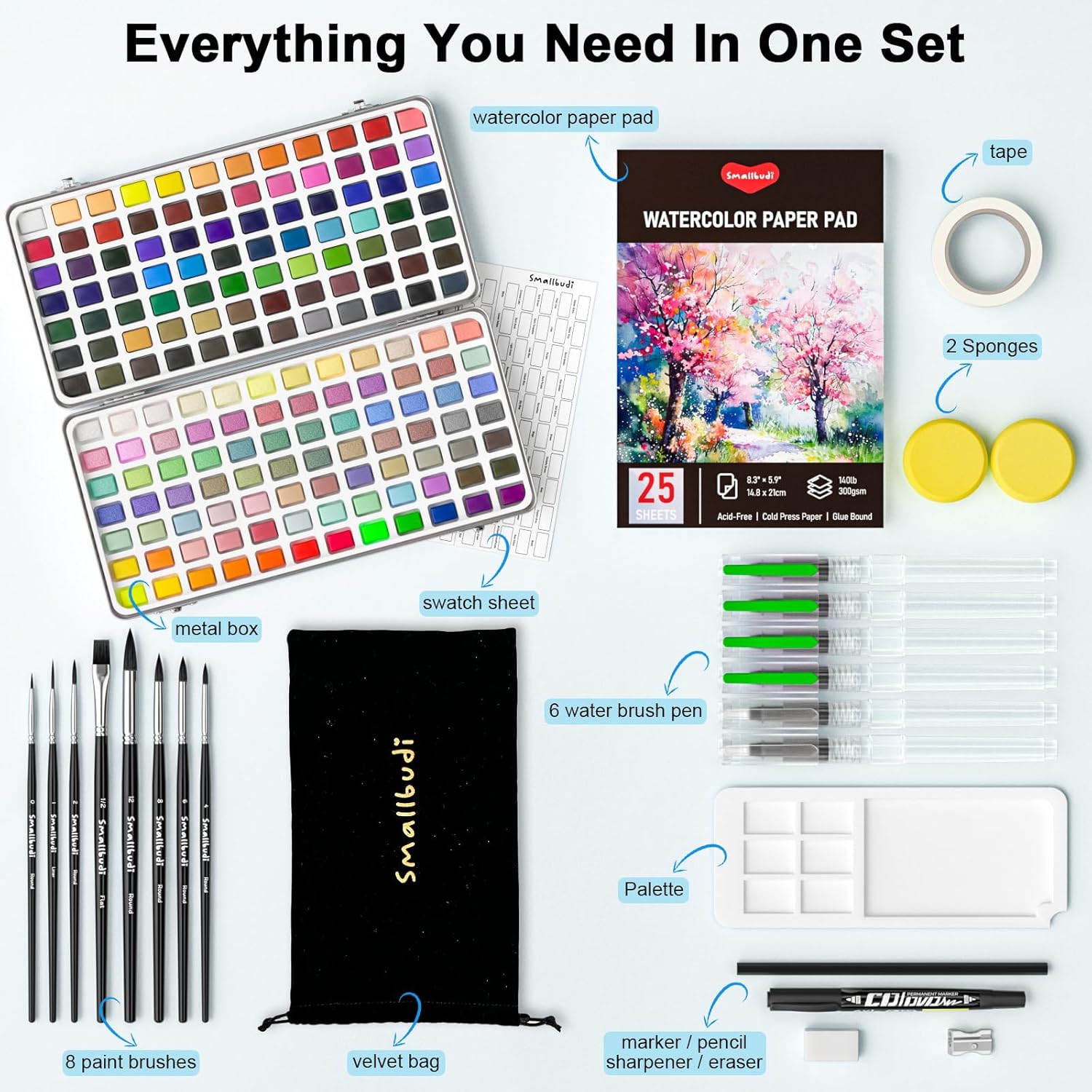 Alternative view of Smallbudi Watercolor Paint Set 168 Colors Including Metallic, Watercolor Kit with Case, Watercolor Paper, Paint Brushes, Palette and Accessories, Water Color Art Supplies Gift for Adults Kids Artists