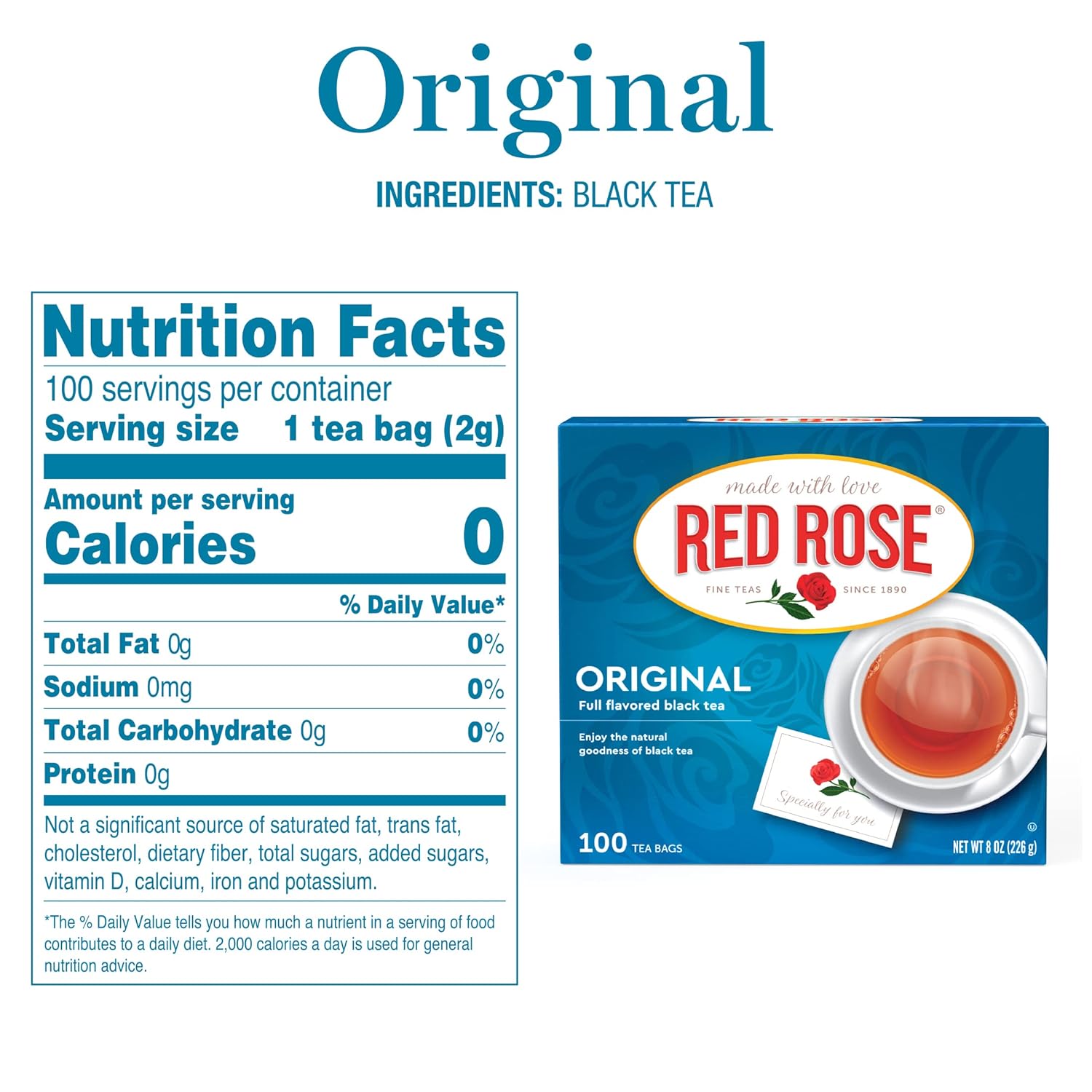 Red Rose Original Full Flavored Black Tea 8oz Box of 100 Tea Bags