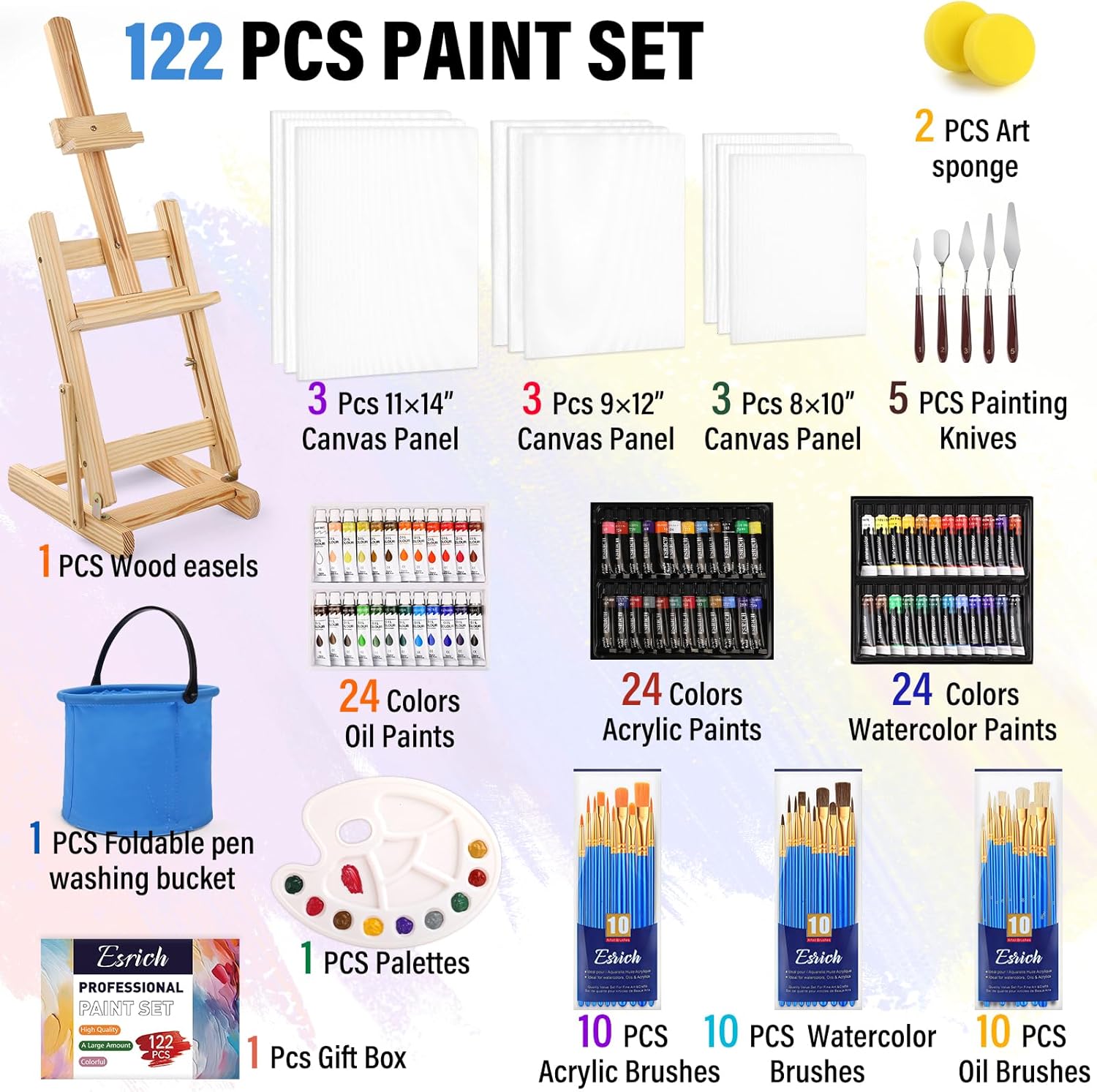 122PCS Professional Painting Set,Art Painting Supplies Kit,Canvas Painting Kit with Tabletop Wooden Easel,72Colors(Acrylic Paint Set,Watercolor,Oil) Brushes, Canvases,Painting Set for Kids Adults