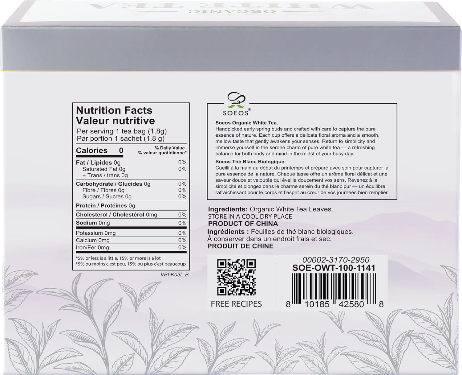 Soeos Organic White Tea, 100 Tea Bags, Individually Wrapped Teabags, Low Caffeine, Subtle Floral Aroma & Smooth Taste, Quality Tea for Everyday Brewing, Perfect for Hot or Iced Tea Lovers, 6.3oz (180g)